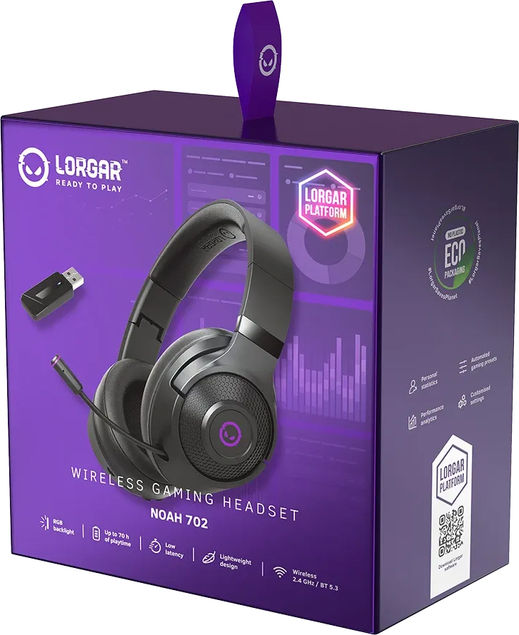 Lorgar Noah 702 vezeték nélküli gamer headset lila és fekete dobozban, mikrofonnal és USB-adapterrel.