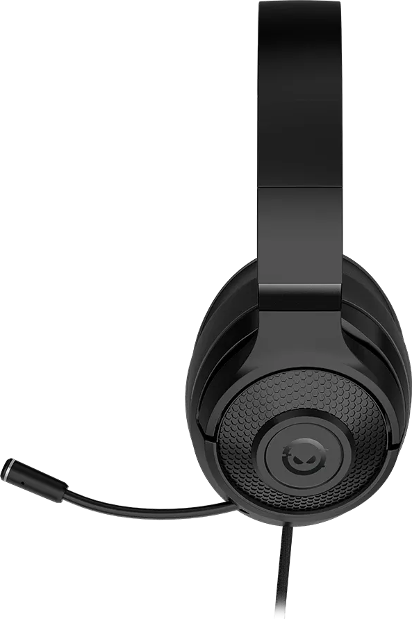 Fekete gamer headset fejpánttal és mikrofonkarral fekete háttér előtt.
