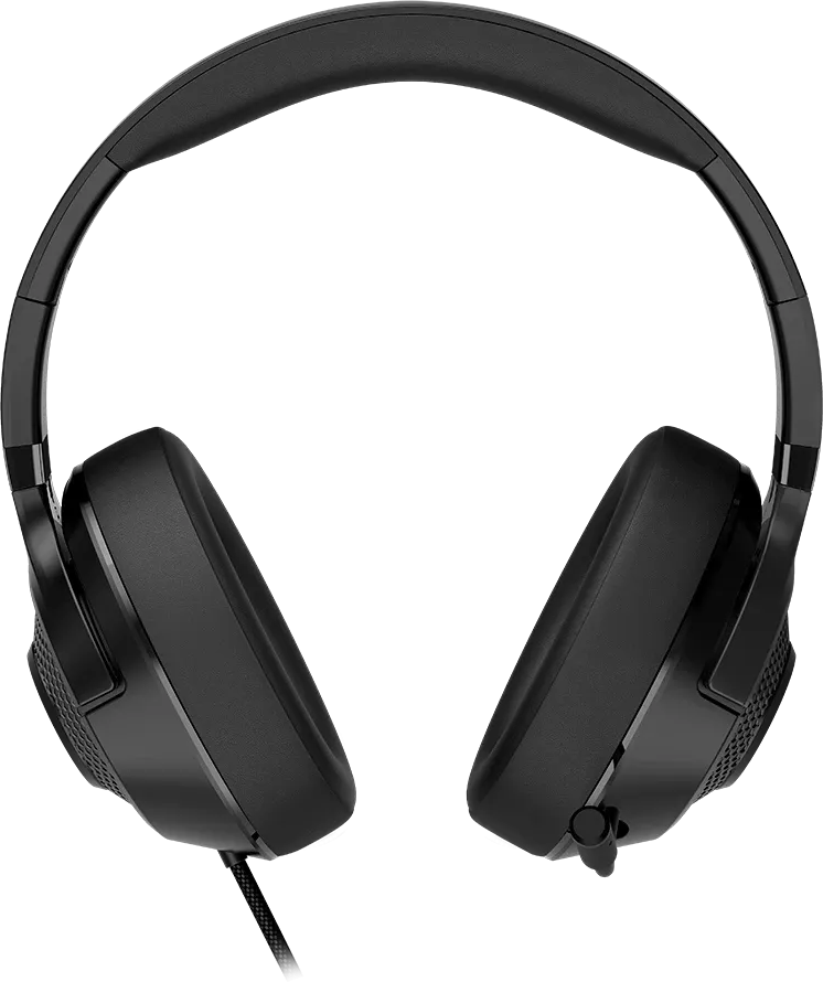 Fekete, fülre illeszkedő gamer headset párnázott fejpánttal és mikrofonnal fekete háttéren.
