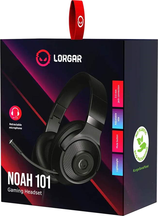 A fekete Lorgar Noah 101 mikrofonos gaming fejhallgató doboza olyan funkciókat mutat, mint az állítható méret.