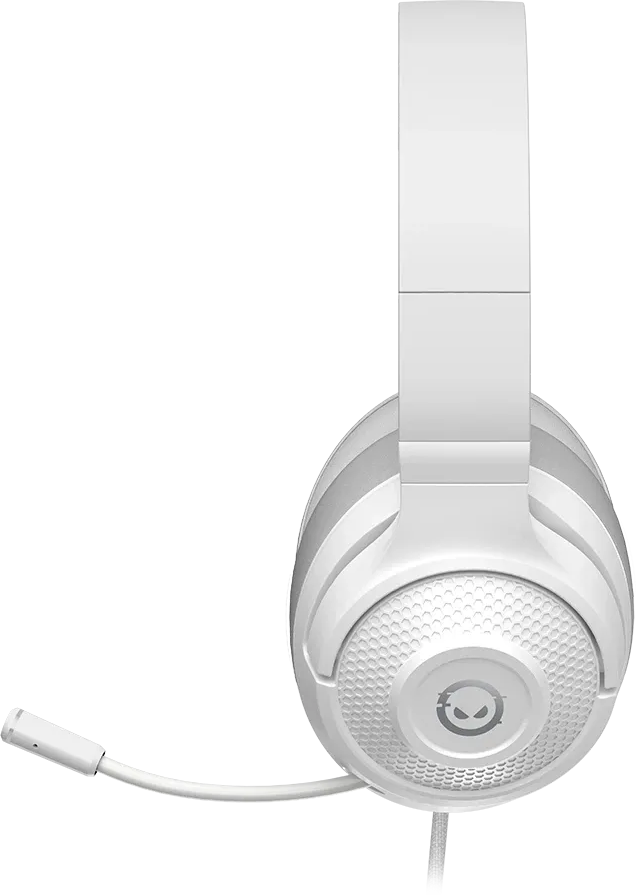 Egy fehér gamer headset mikrofonnal fekete háttér előtt.