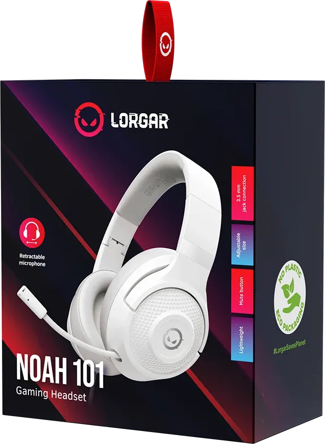 A fehér Lorgar Noah 101 gamer headset csomagolása mikrofonnal és márkajelzéssel.