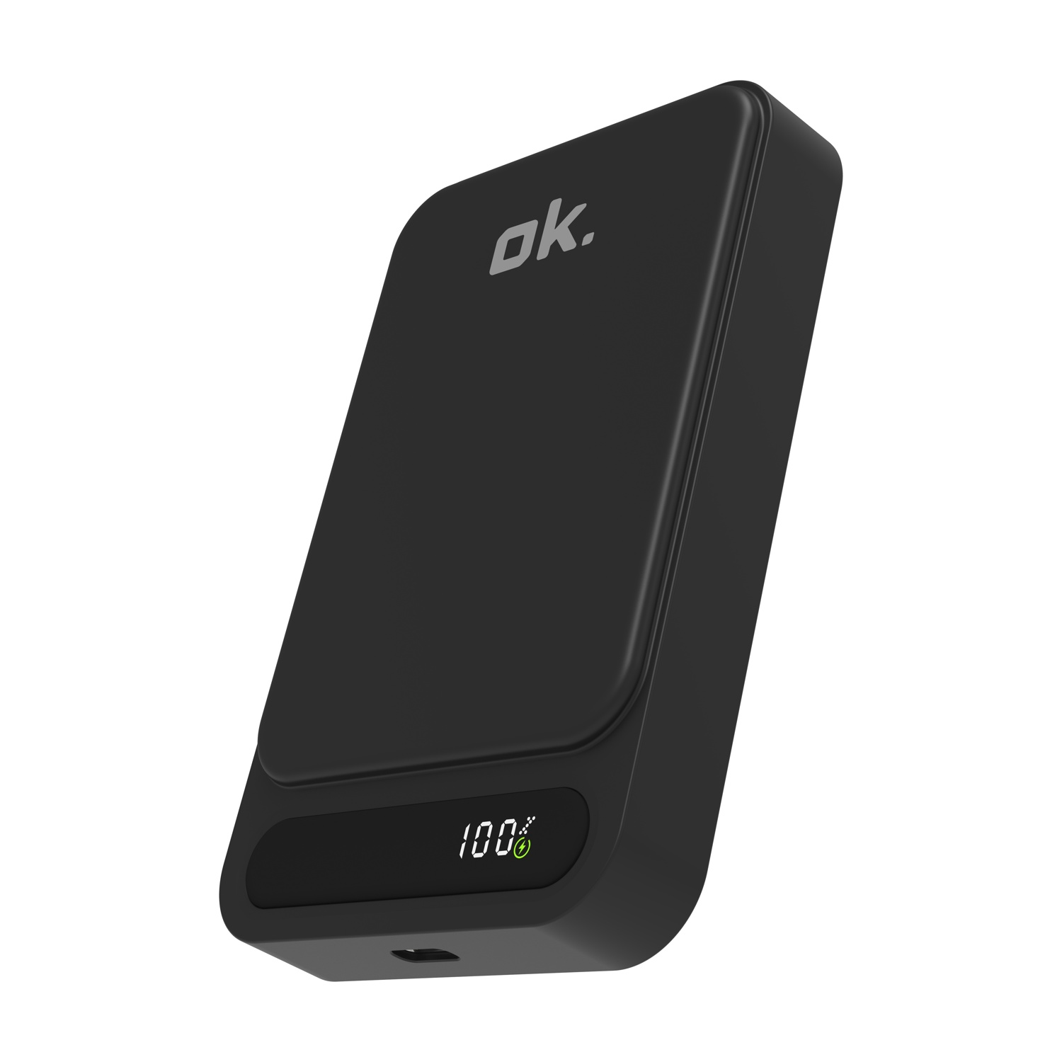 Power bank nera con display digitale che mostra il 100% di batteria su sfondo bianco.