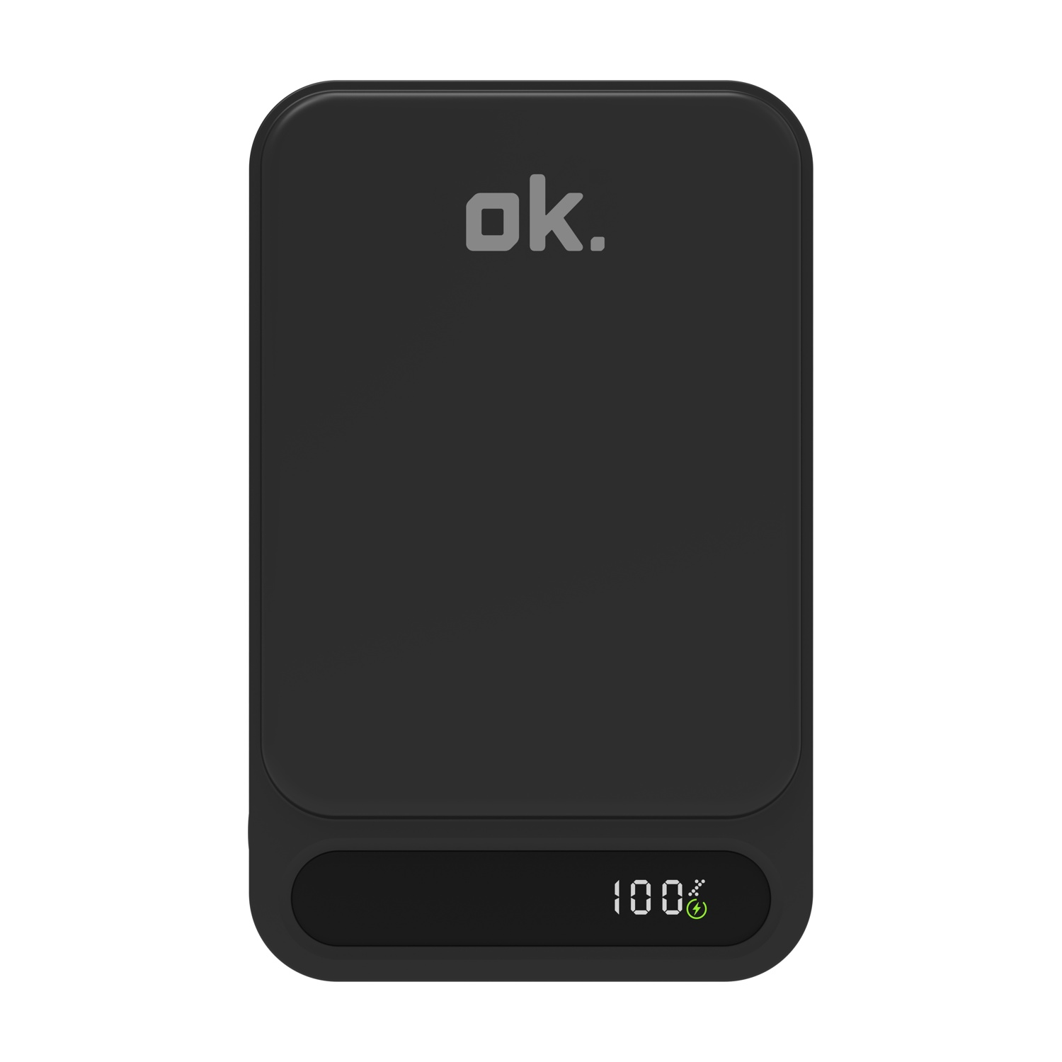Un power bank nero con la scritta "ok." in alto e un display digitale che mostra "100%" in basso.