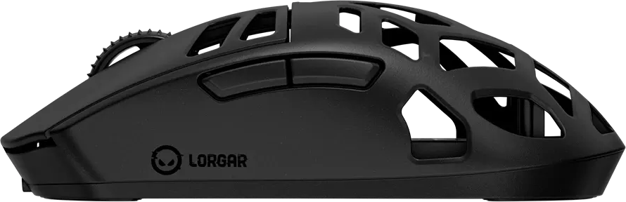 Fekete Lorgar gamer egér méhsejtmintával és oldalsó gombokkal.