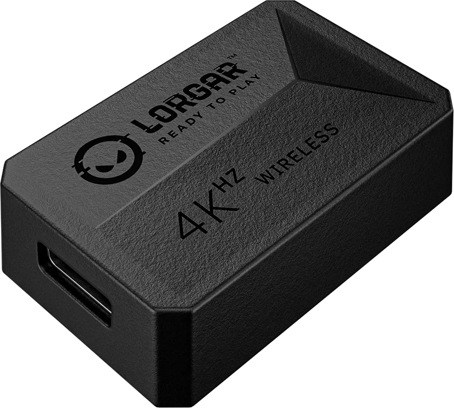Egy fekete, texturált Lorgar 4KHz-es vezeték nélküli vevőegység USB-porttal.