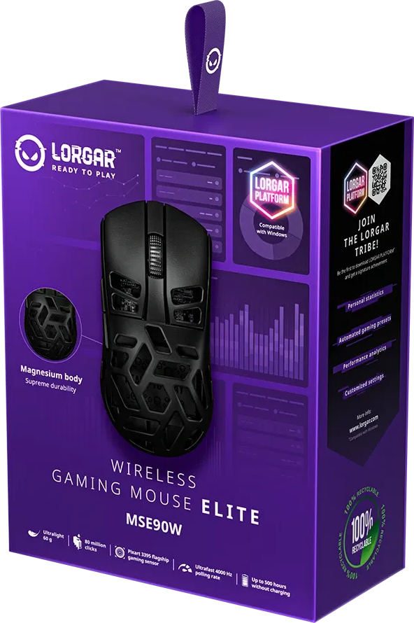 Lorgar Wireless Gaming Mouse Elite MSE90W csomagolás egér képpel.