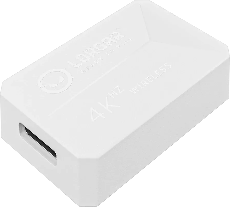 Egy fehér, kompakt Lorgar 4KHz vezeték nélküli vevőegység USB-porttal.