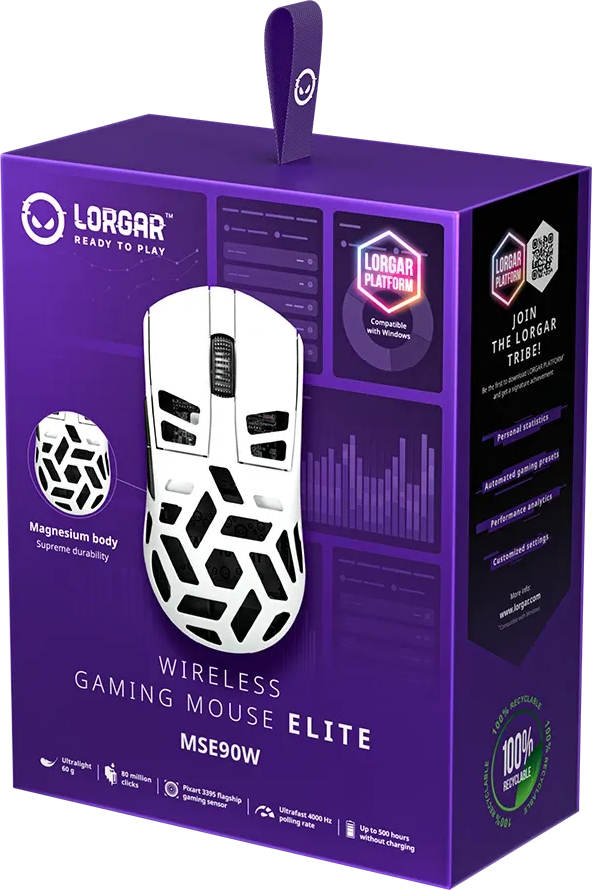 Lorgar Wireless Gaming Mouse Elite lila termékdobozban, fehér, áttört dizájnnal.