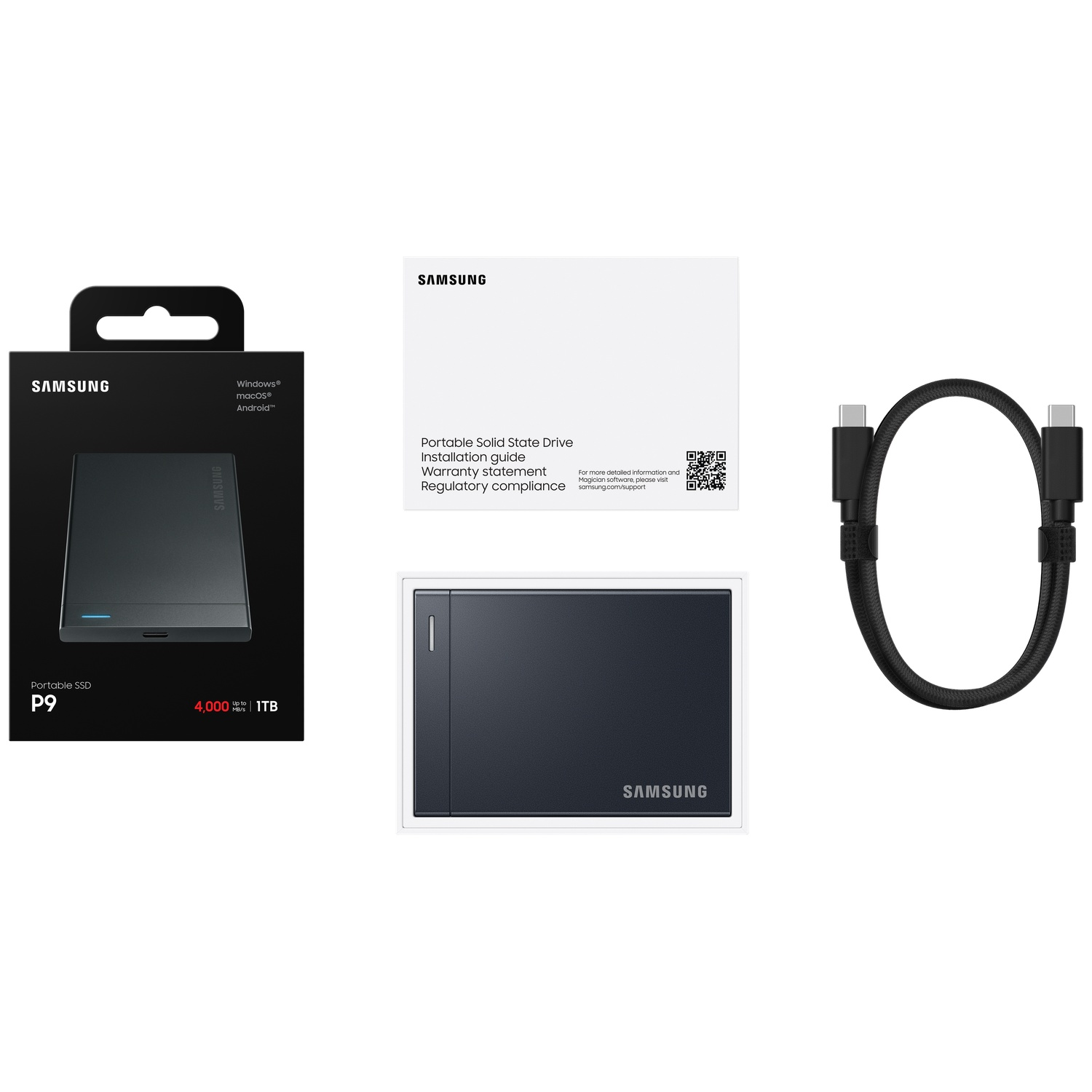 Samsung P9 draagbare SSD getoond met verpakking, handleiding en USB-C-kabel.