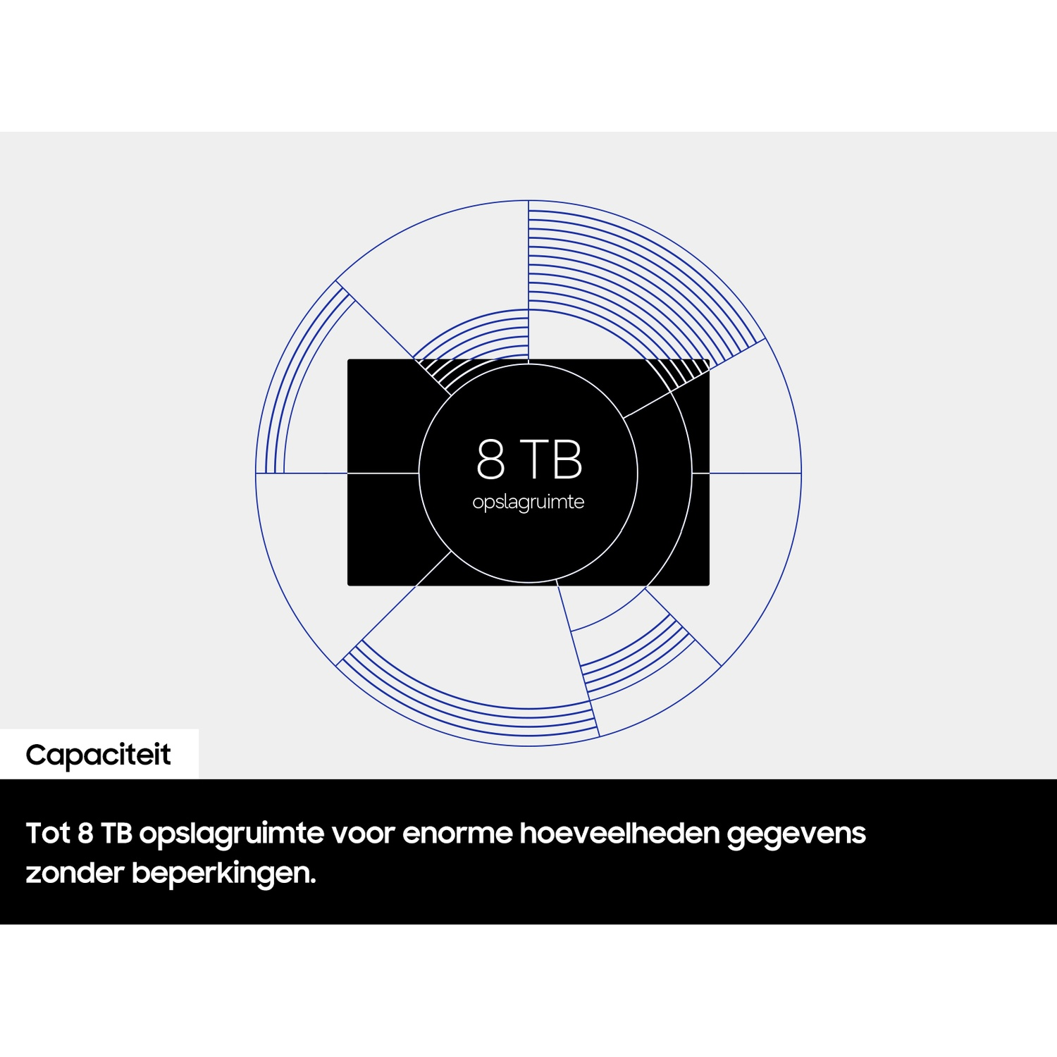 Grafische voorstelling van een cirkel met tekst 8 TB opslagruimte.