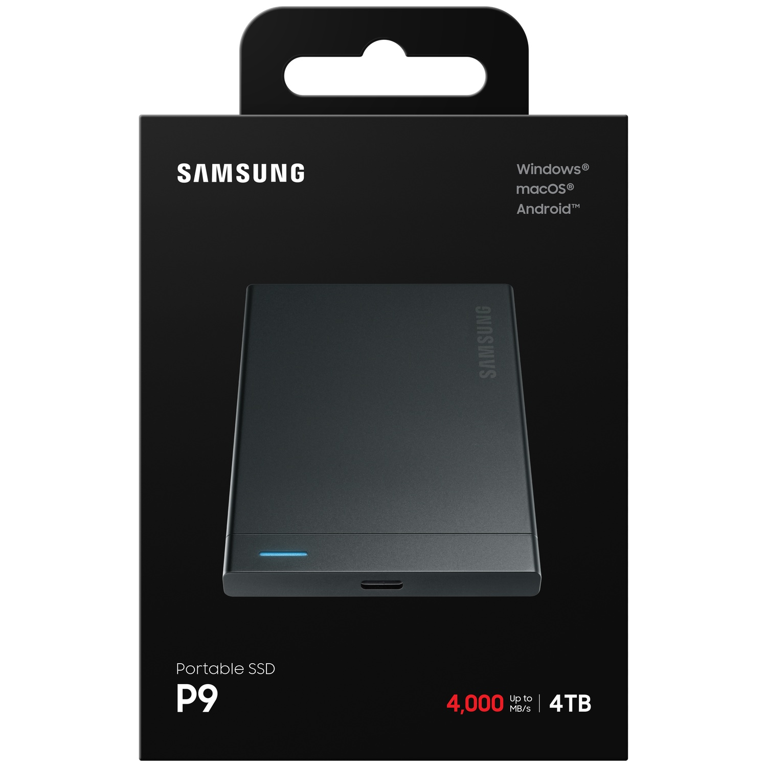 Zwarte Samsung Portable SSD P9 productdoos met afbeelding van de 4TB schijf en rode tekst.