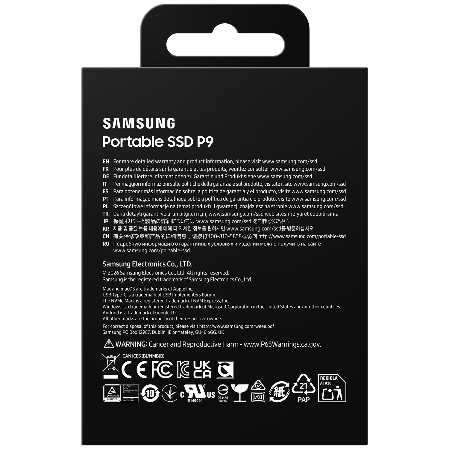 Achterkant van de Samsung Portable SSD P9 verpakking met tekst, garantie-informatie en keurmerken.