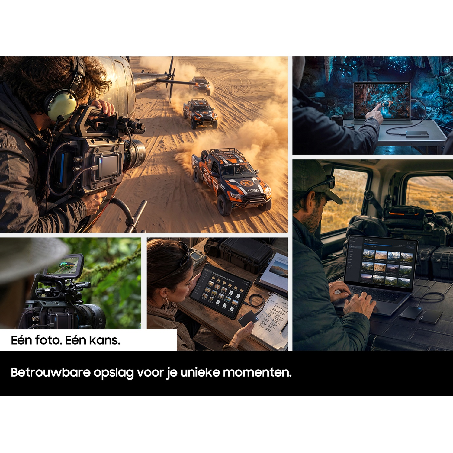 Een collage met een camera bij woestijntrucks, iemand met een tablet en iemand met een laptop in een auto.