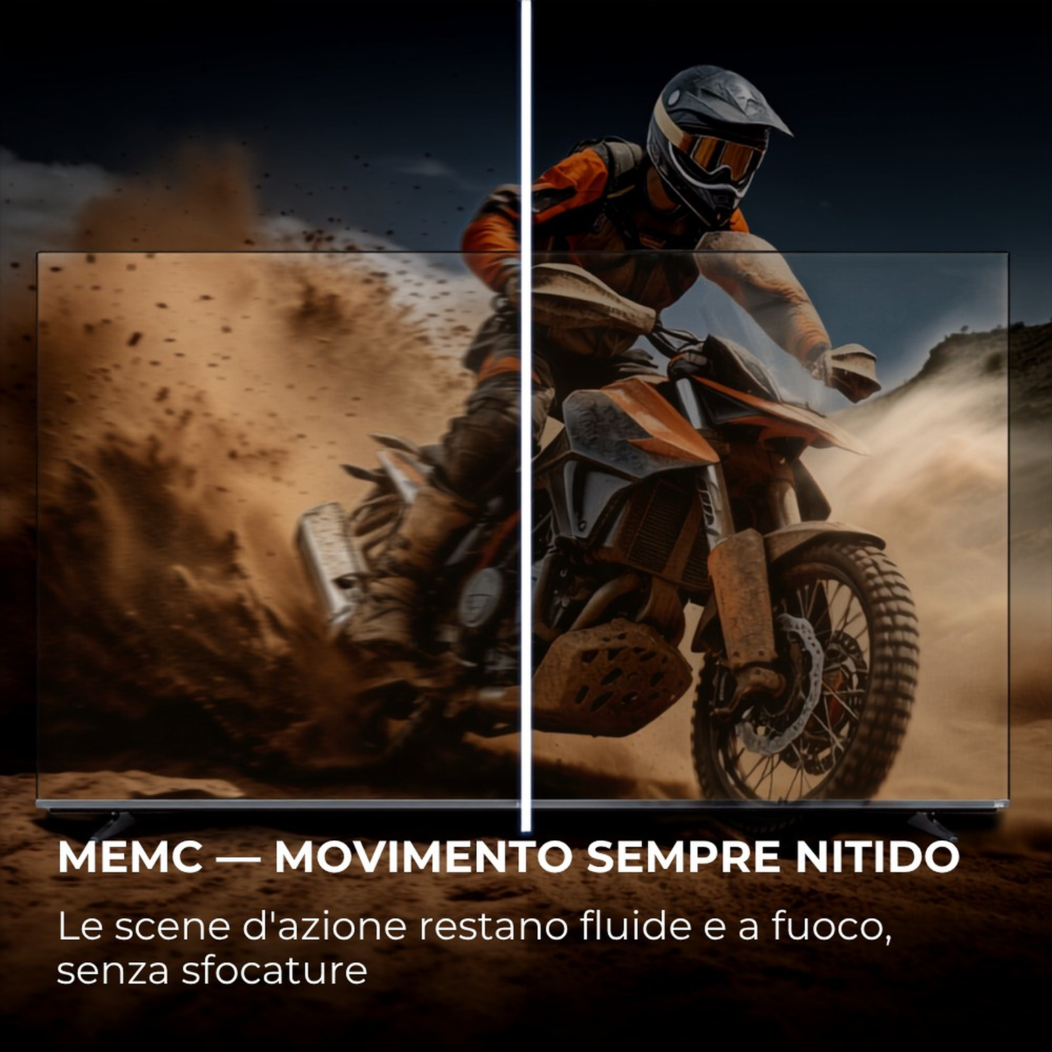 Un motociclista solleva polvere, mostrando un'azione nitida e fluida sullo schermo di una TV.