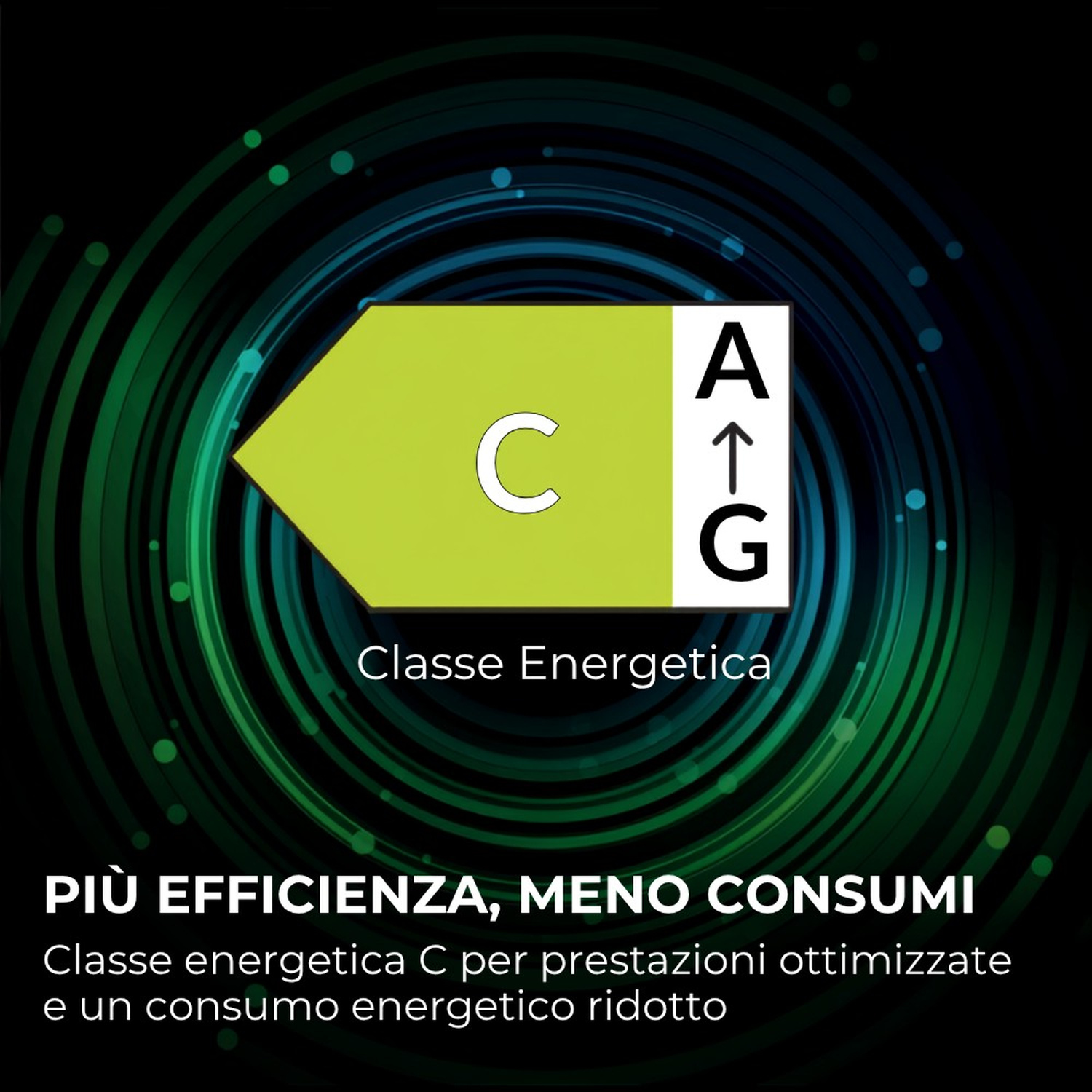 Classe di efficienza energetica C su sfondo verde davanti a un motivo circolare blu e verde.