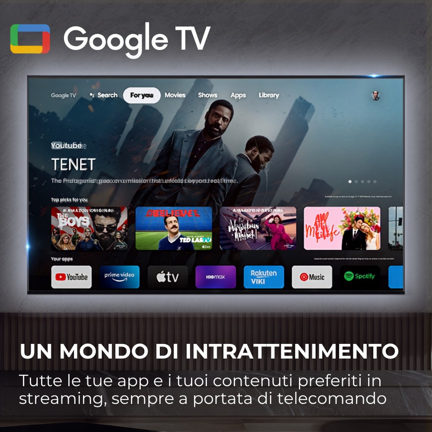 Schermo Google TV con app di streaming e contenuti.