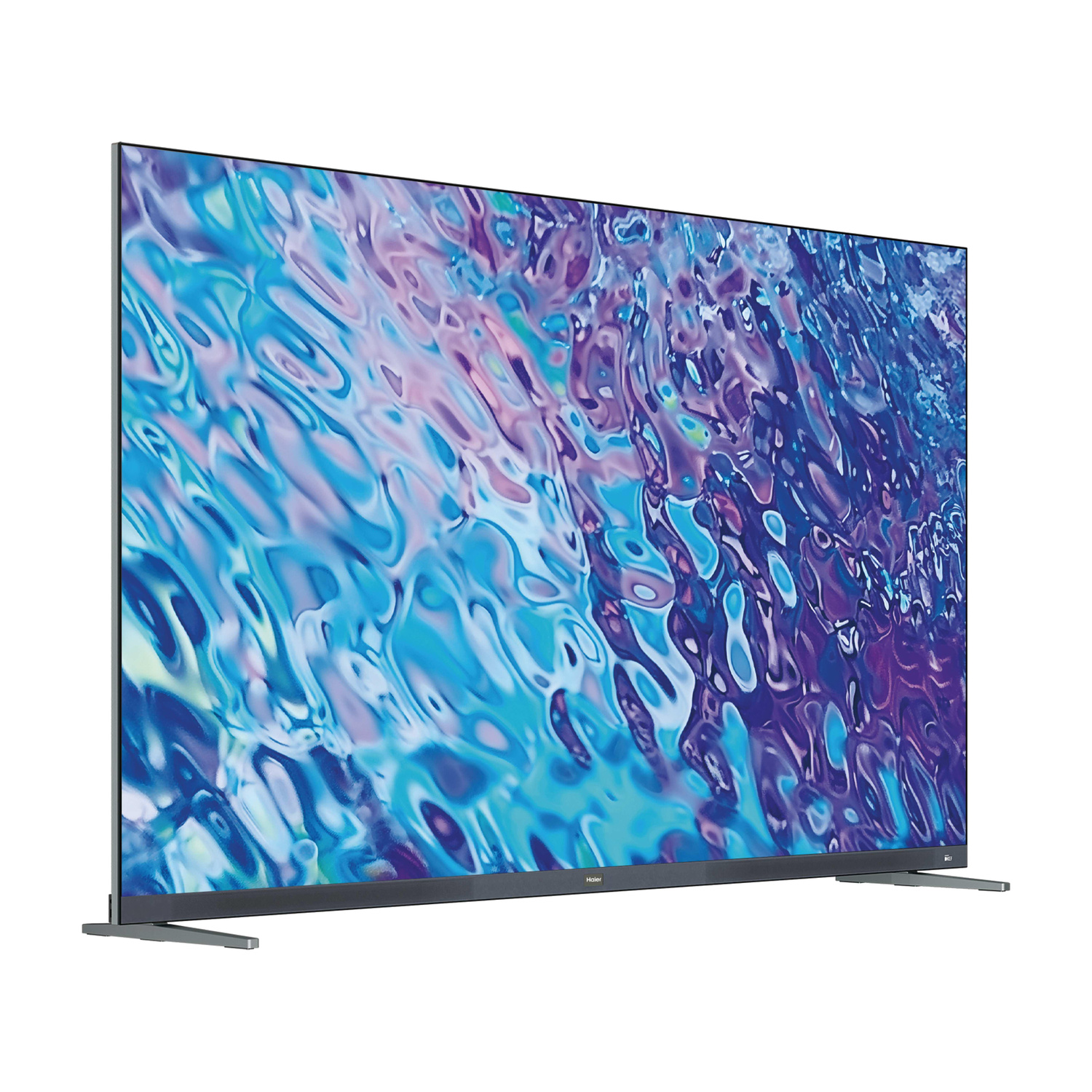 Una TV a schermo piatto mostra una texture d'acqua astratta blu e viola.