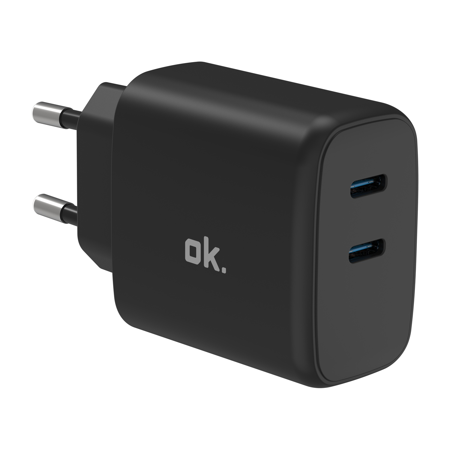 Un caricatore da muro USB nero con due porte e la scritta ok. sul lato.