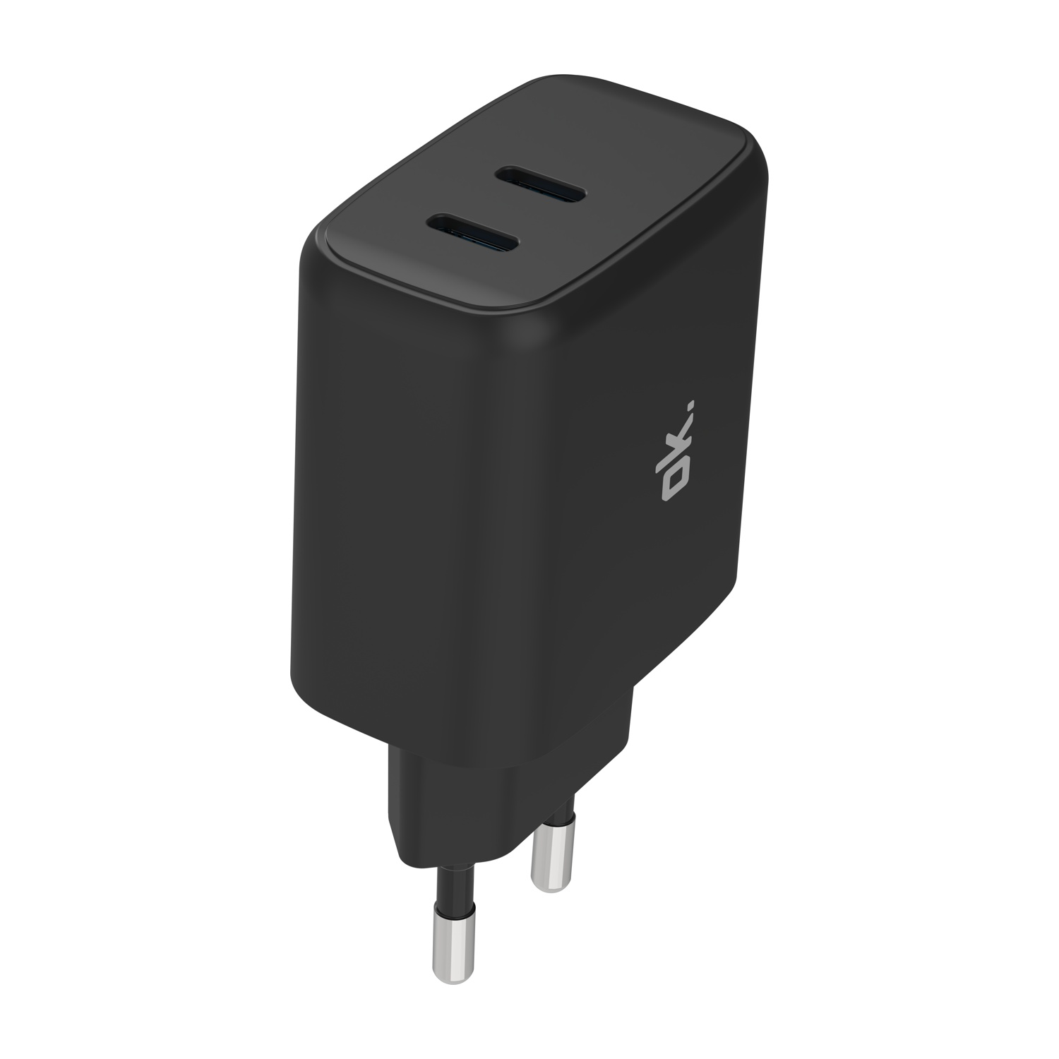 Un caricatore da muro USB-C nero a doppia porta con spina europea su sfondo bianco.