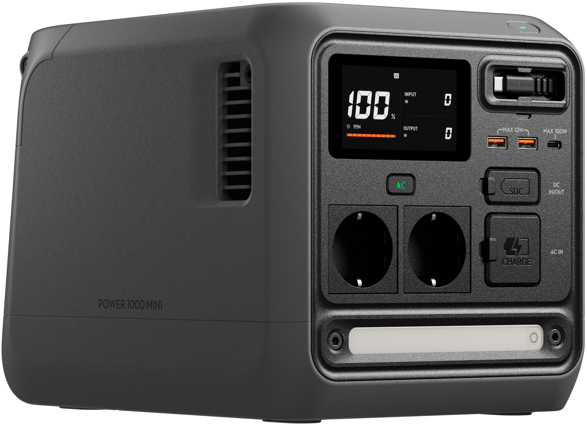 Fekete Power 1000 Mini hordozható erőmű digitális kijelzővel, konnektorokkal és USB-portokkal.