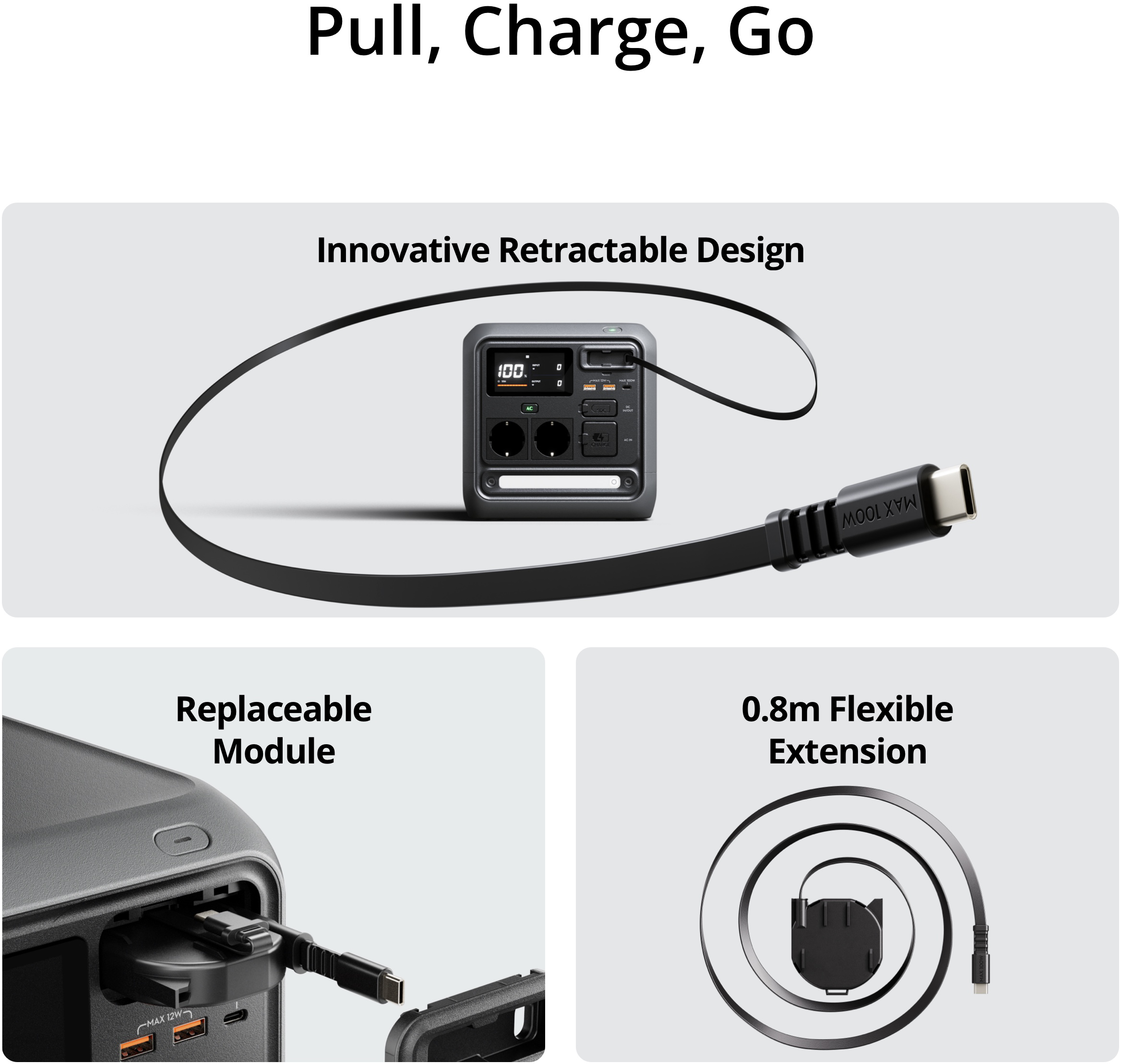 Hordozható erőmű visszahúzható USB-C kábellel, cserélhető modullal és 0,8 m-es rugalmas hosszabbítóval.