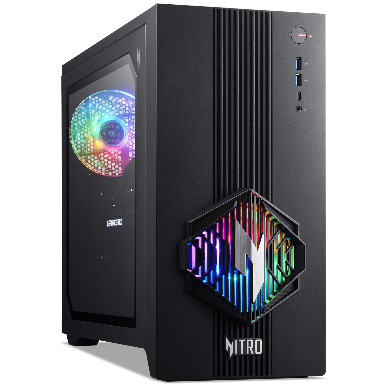 Black Acer Nitro PC tower featuring RGB lighting and a glass side panel.