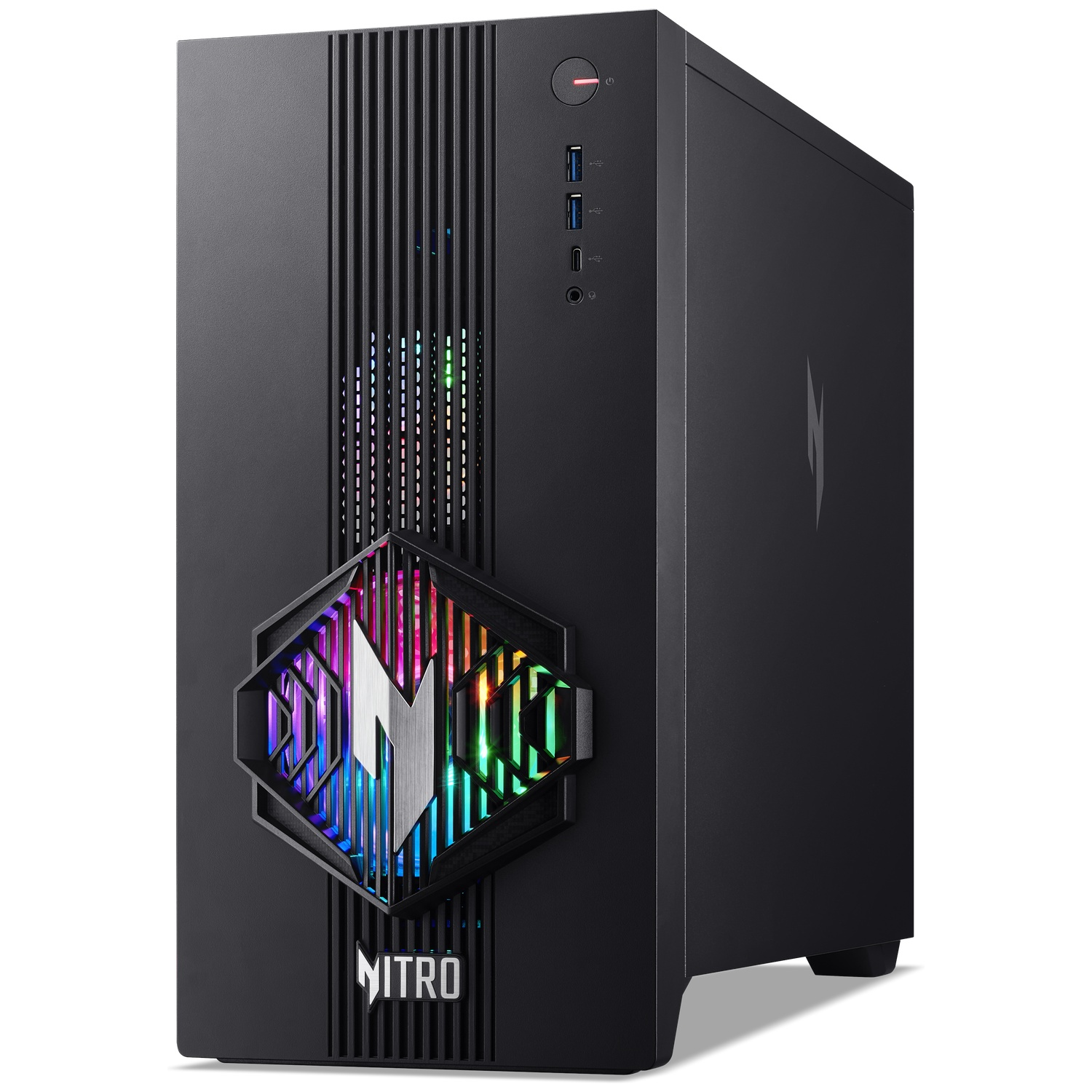 Black Acer Nitro desktop PC with RGB lighting behind the front grille.