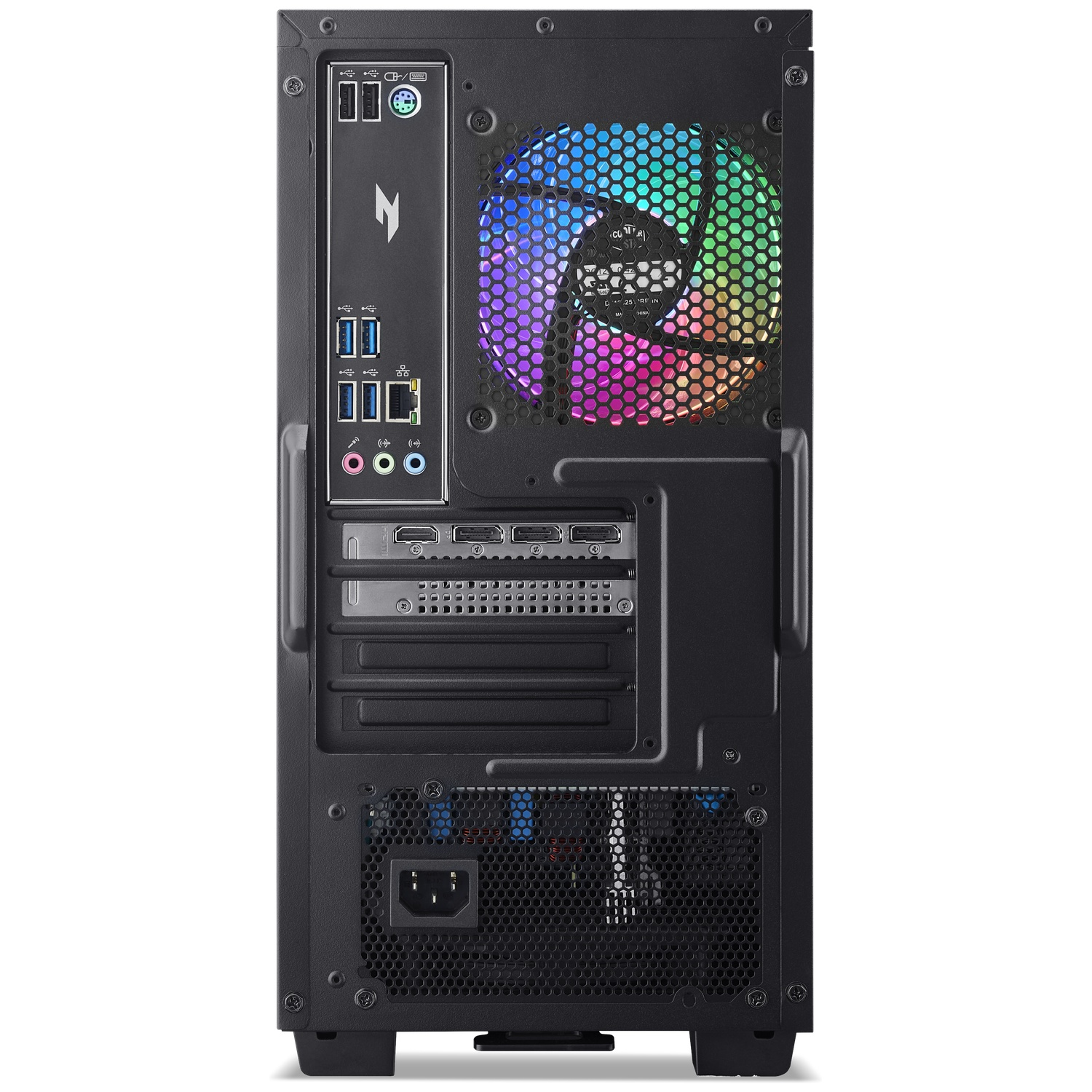 The back of a black PC tower displays ports, a colorful RGB fan, and a power supply.