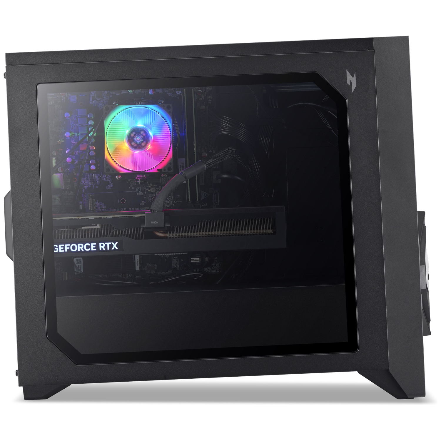Black PC case with glass window, illuminated RGB fan, and a GeForce RTX graphics card visible inside.