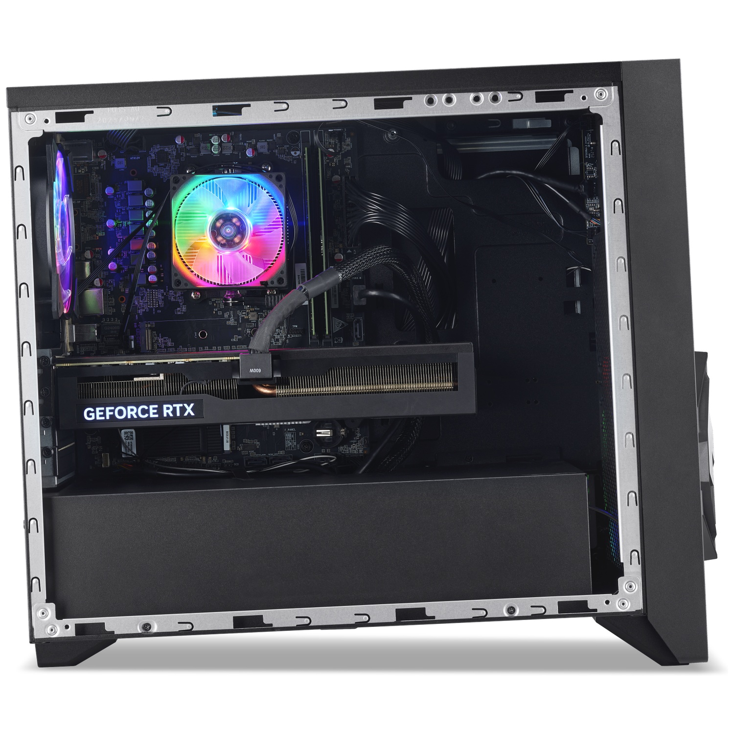 Open black PC tower with color-lit fan and graphics card.