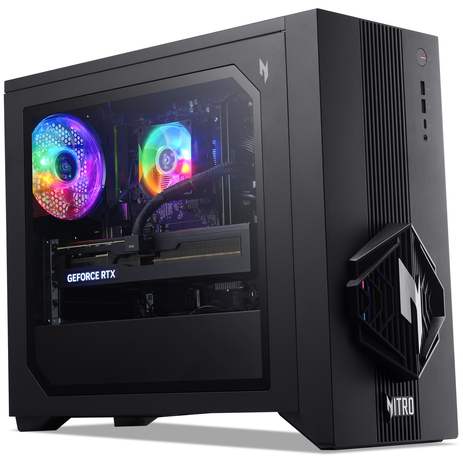 Black gaming PC tower with glass side, colorful RGB fans, and GeForce RTX graphics card.