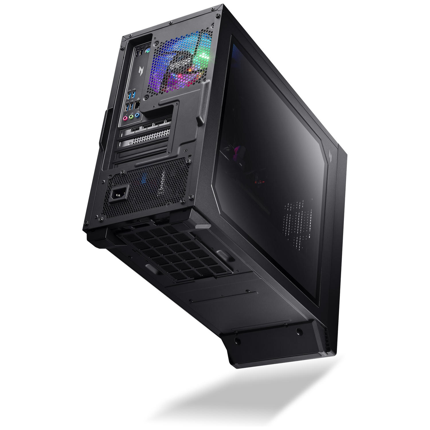 A black desktop PC tower viewed from below, showing an RGB fan and glass side panel.