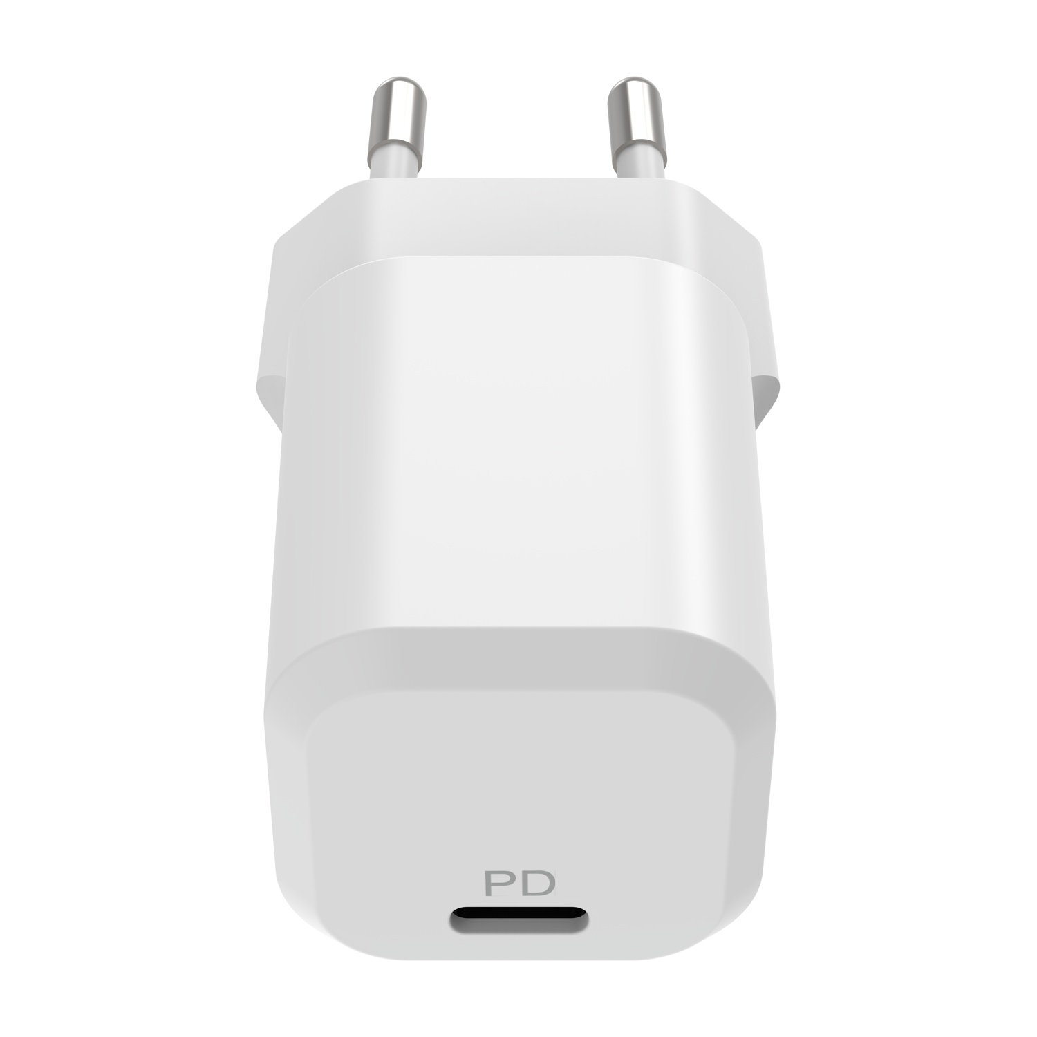 Un alimentatore USB-C bianco con due poli rotondi su uno sfondo bianco.