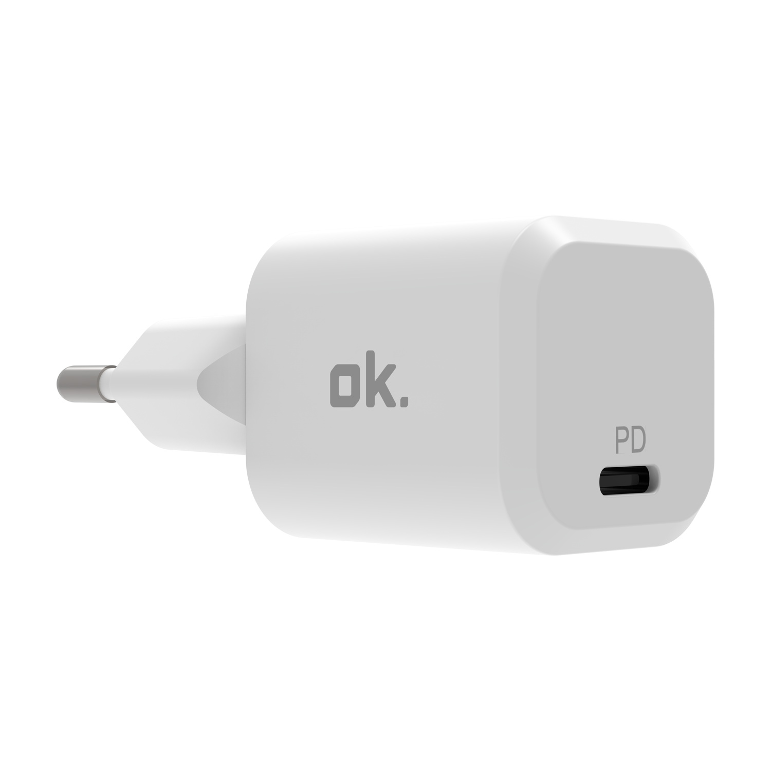 Un caricatore da muro USB-C bianco con il logo ok. sul lato e una porta PD sul davanti su uno sfondo bianco.