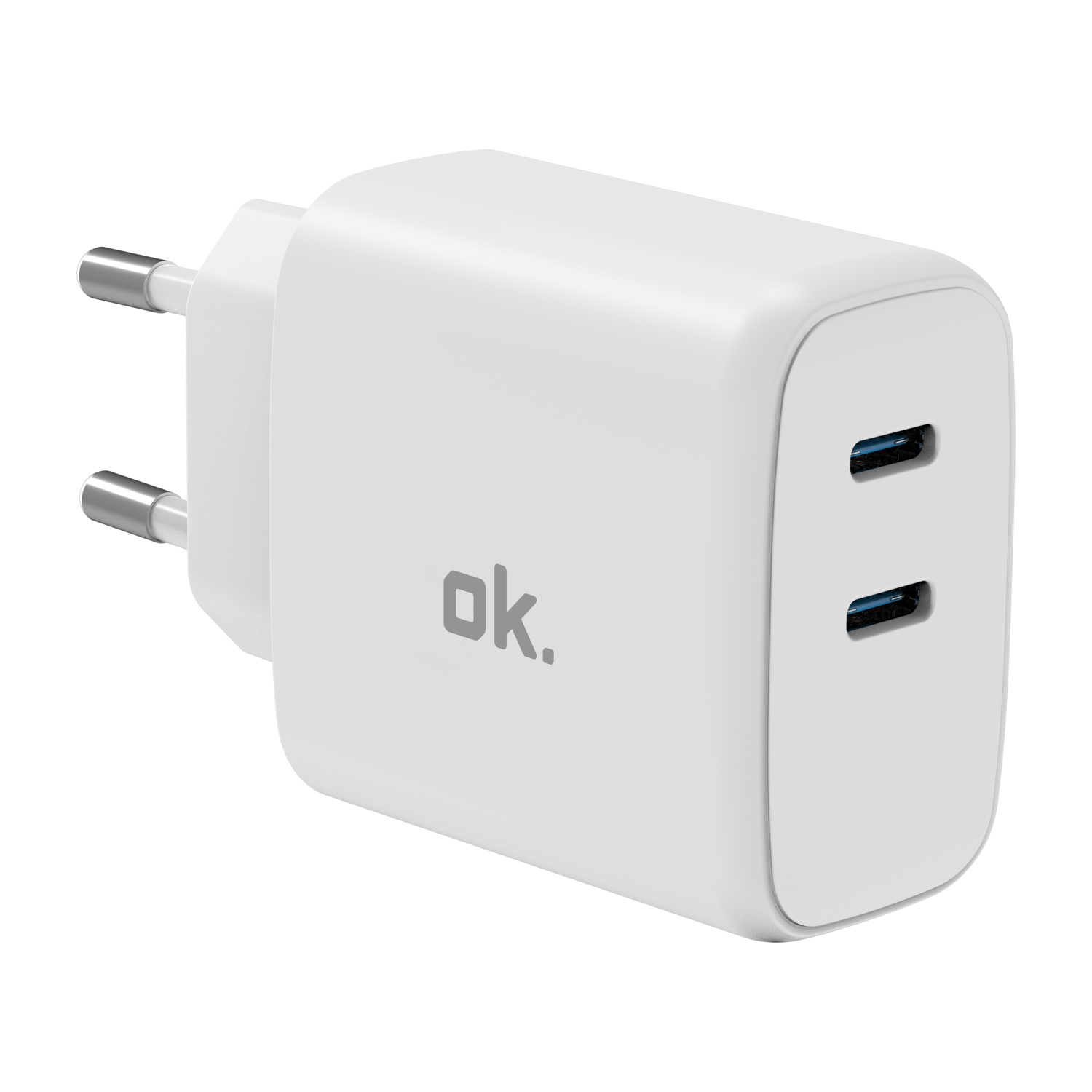 Caricabatterie da muro USB-C bianco a doppia porta con spina europea su sfondo bianco.