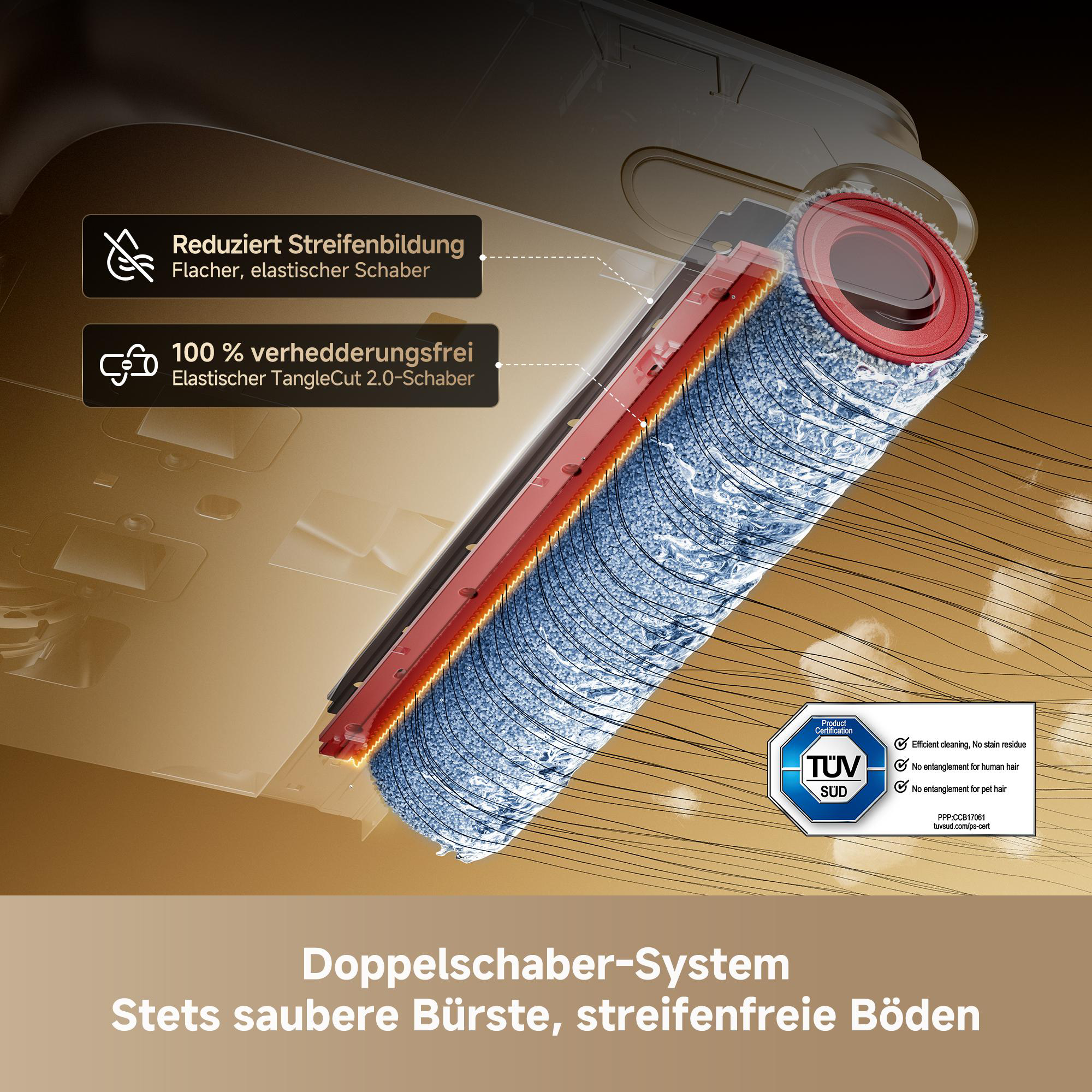Diagramm eines Doppelschaber-Systems für Staubsauger mit Bürste und TÜV-Zertifizierung.