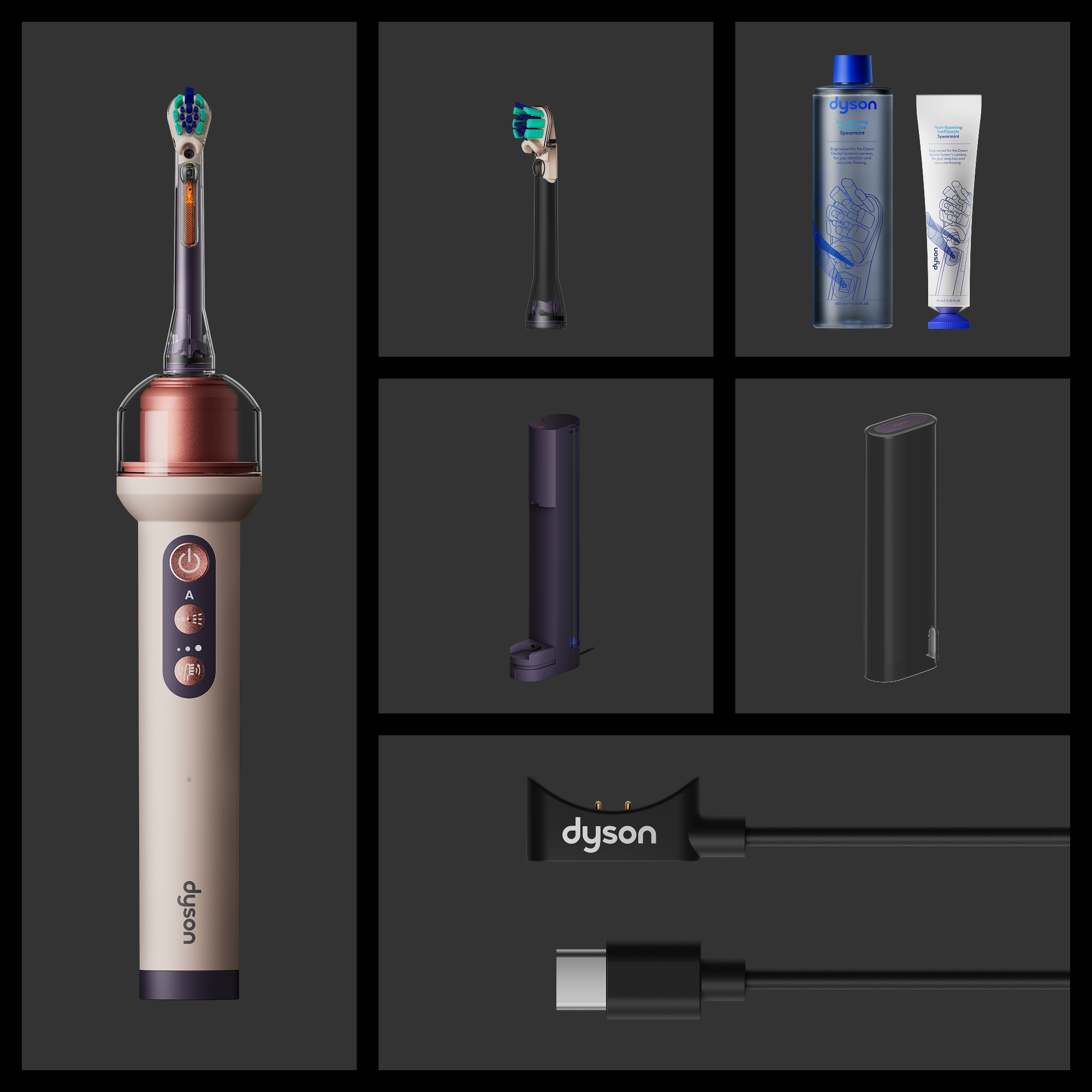 Cepillo de dientes Dyson con accesorios, enjuague bucal y cable de carga.