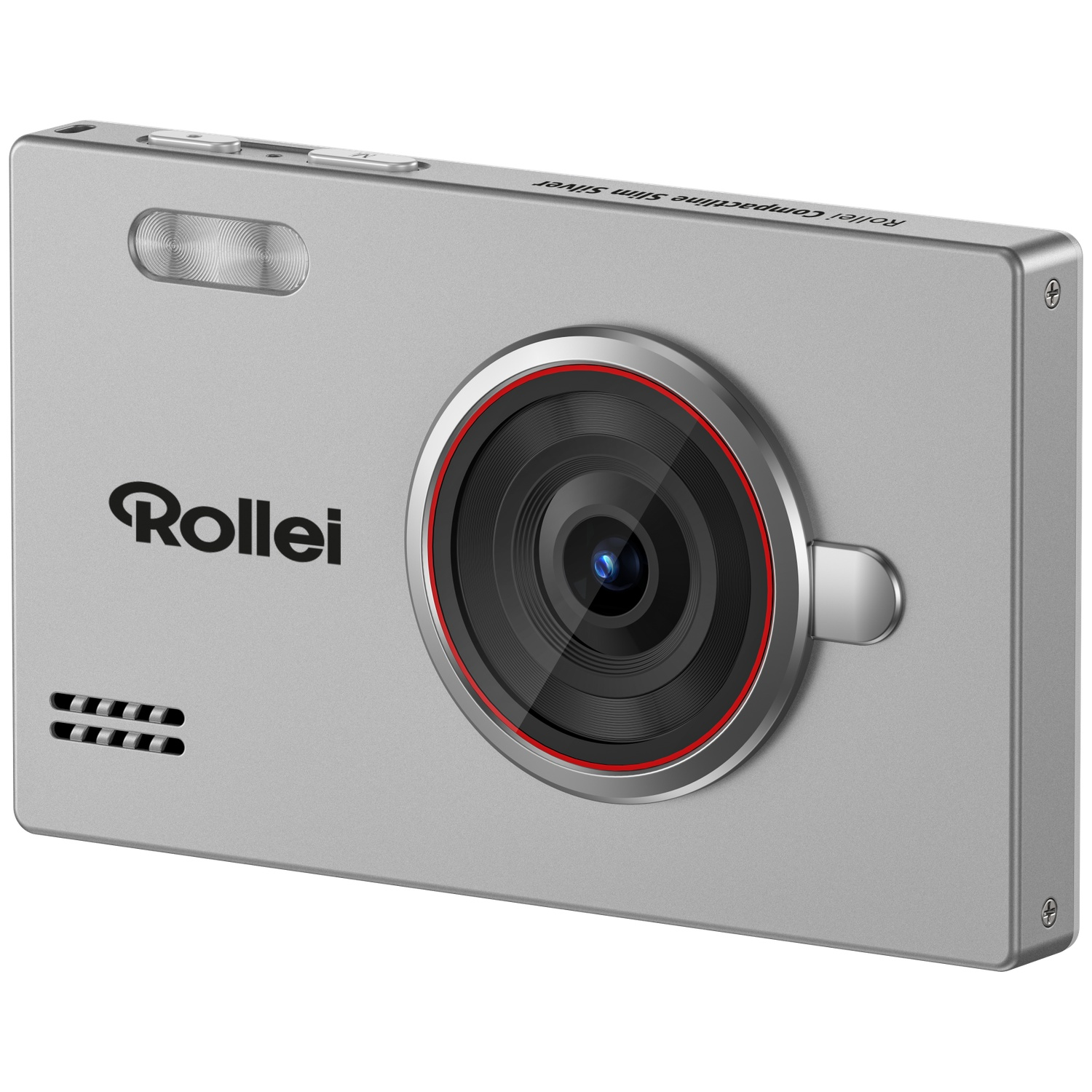 A silver Rollei digital camera on a white background, featuring a prominent lens and flash.