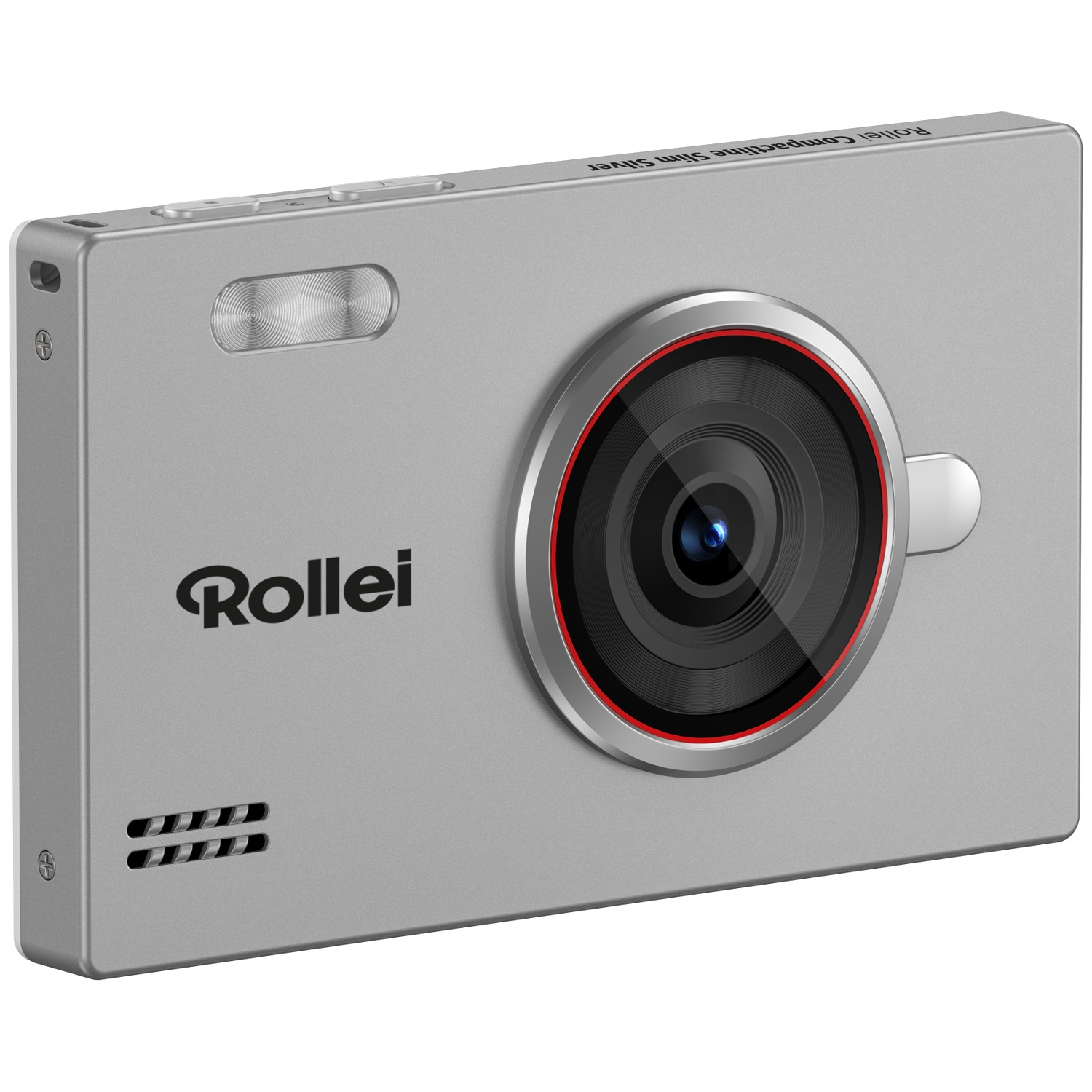A sleek silver Rollei digital camera featuring a black lens against a white background.