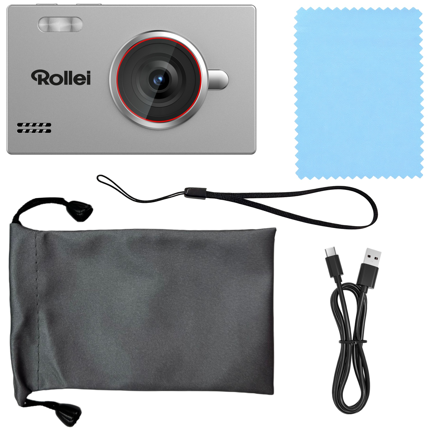 A silver Rollei digital camera with a pouch, blue cleaning cloth, wrist strap, and USB cable on a white background.