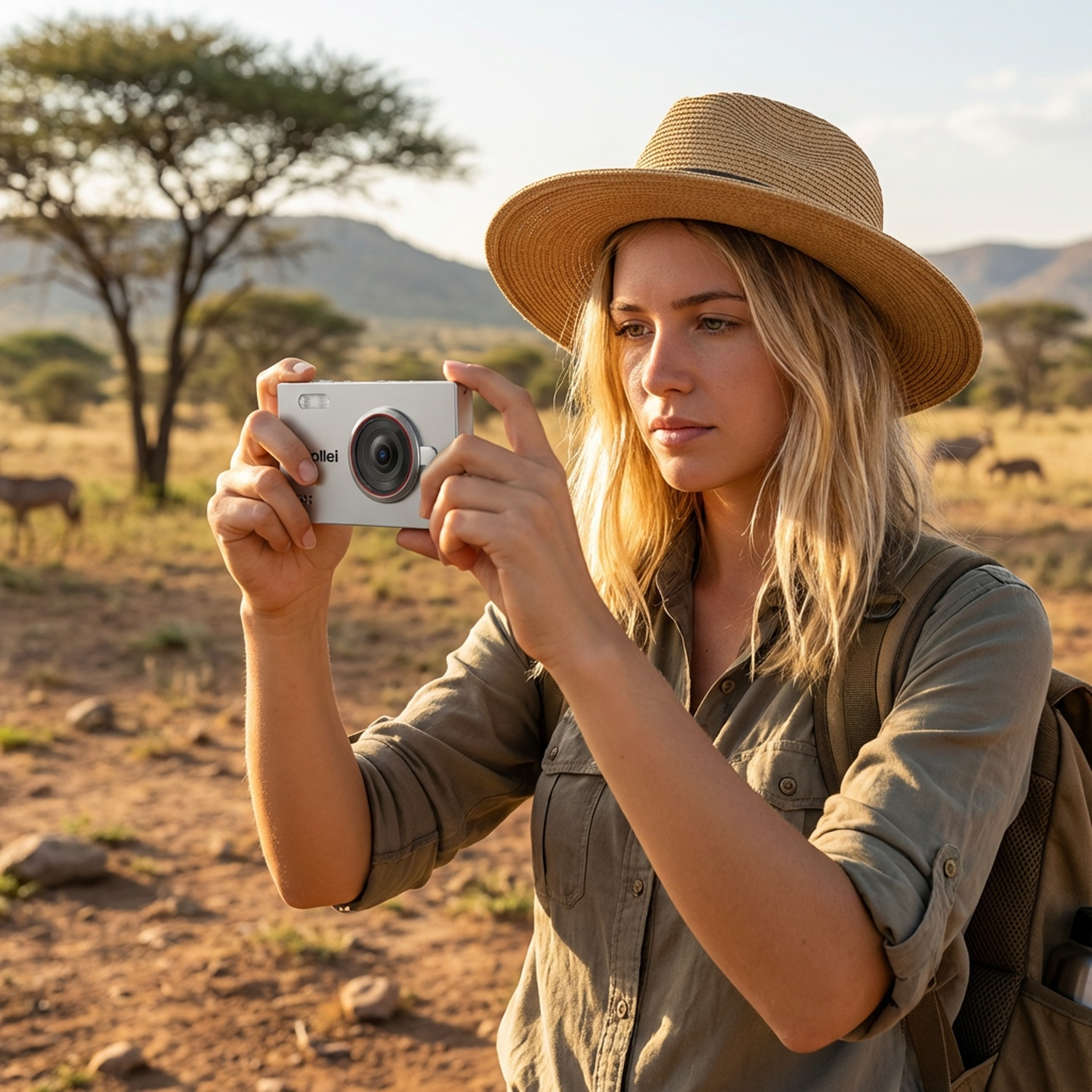 A blonde woman in a safari hat takes a photo with a silver camera in an African savanna landscape.