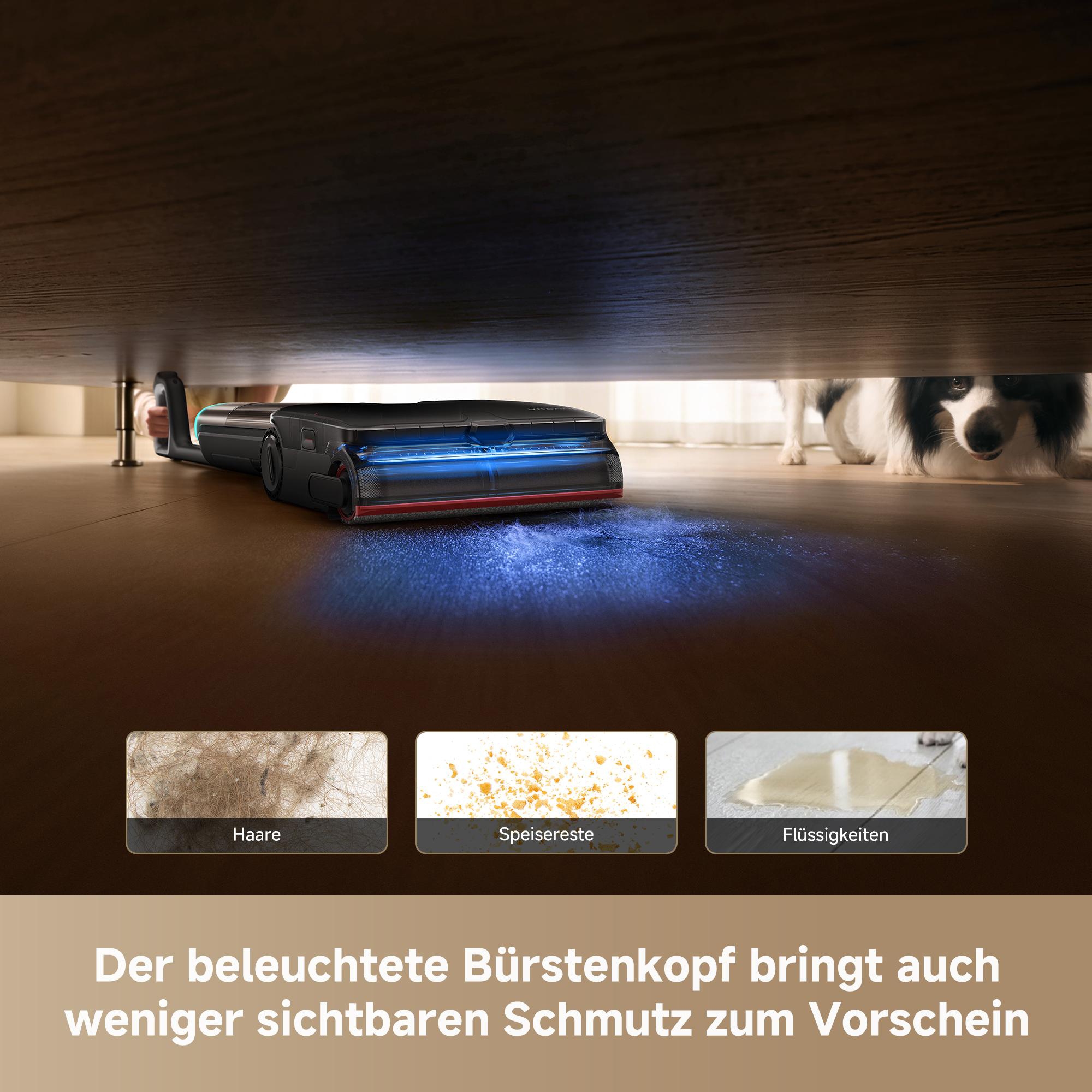 Ein beleuchteter Wischsauger reinigt unter einem Möbelstück, während ein Hund zuschaut. Unten drei kleine Beispielfotos.