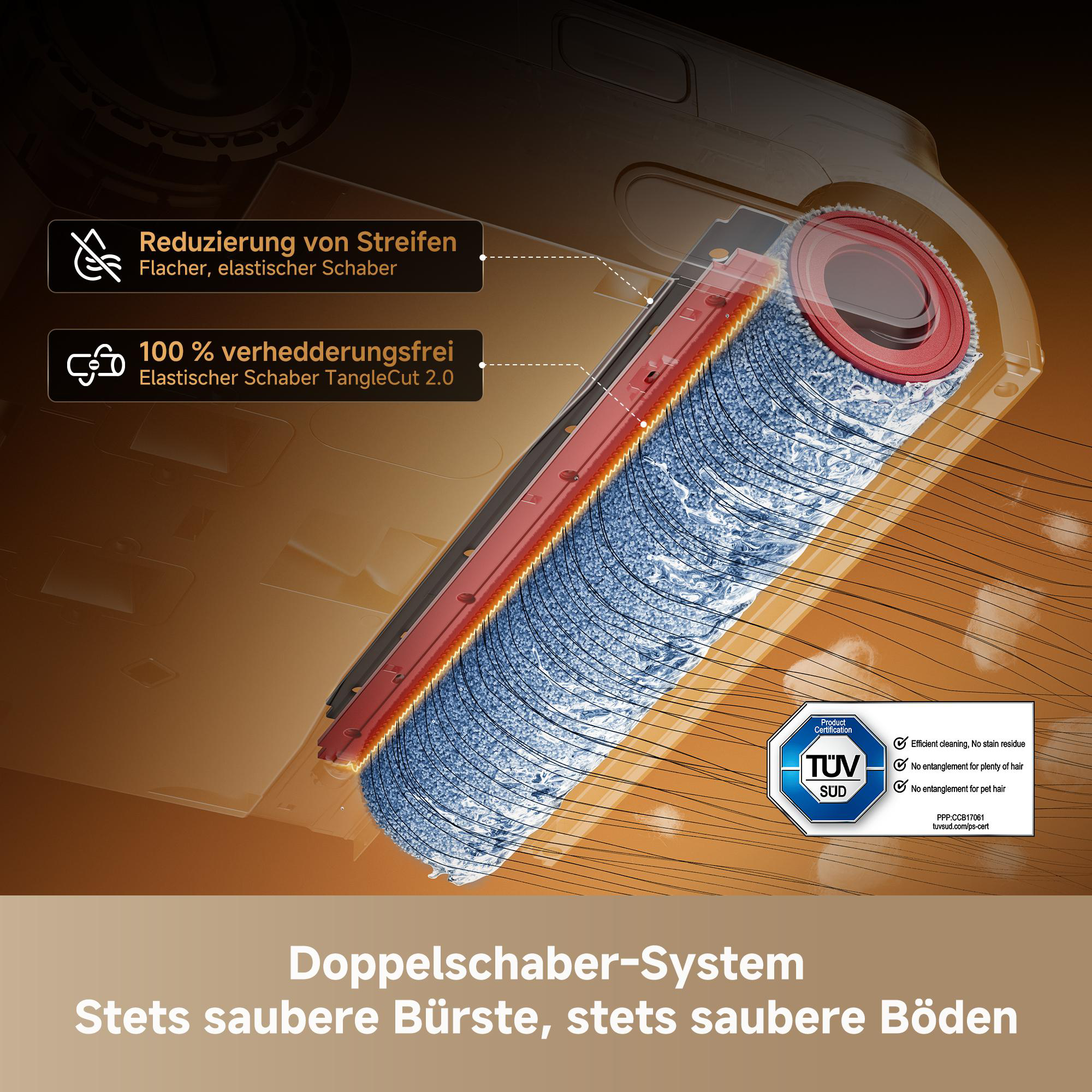 Unterseite eines Saugroboters mit rotierender Bürste und Doppelschabersystem.