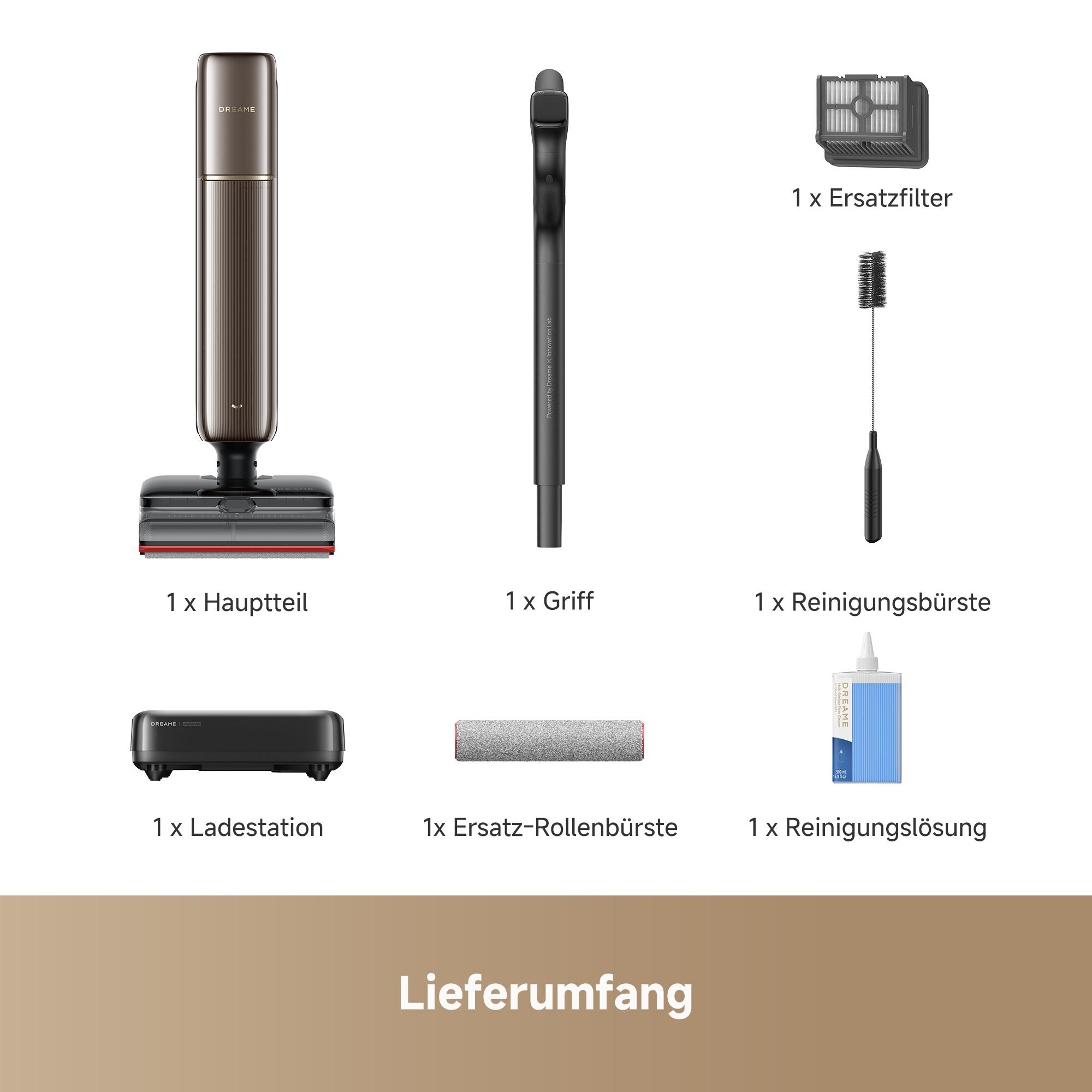 Lieferumfang eines Dreeme Staubsaugers mit Hauptteil, Griff, Filter, Bürste, Ladestation, Ersatzrolle und Reinigungslösung.