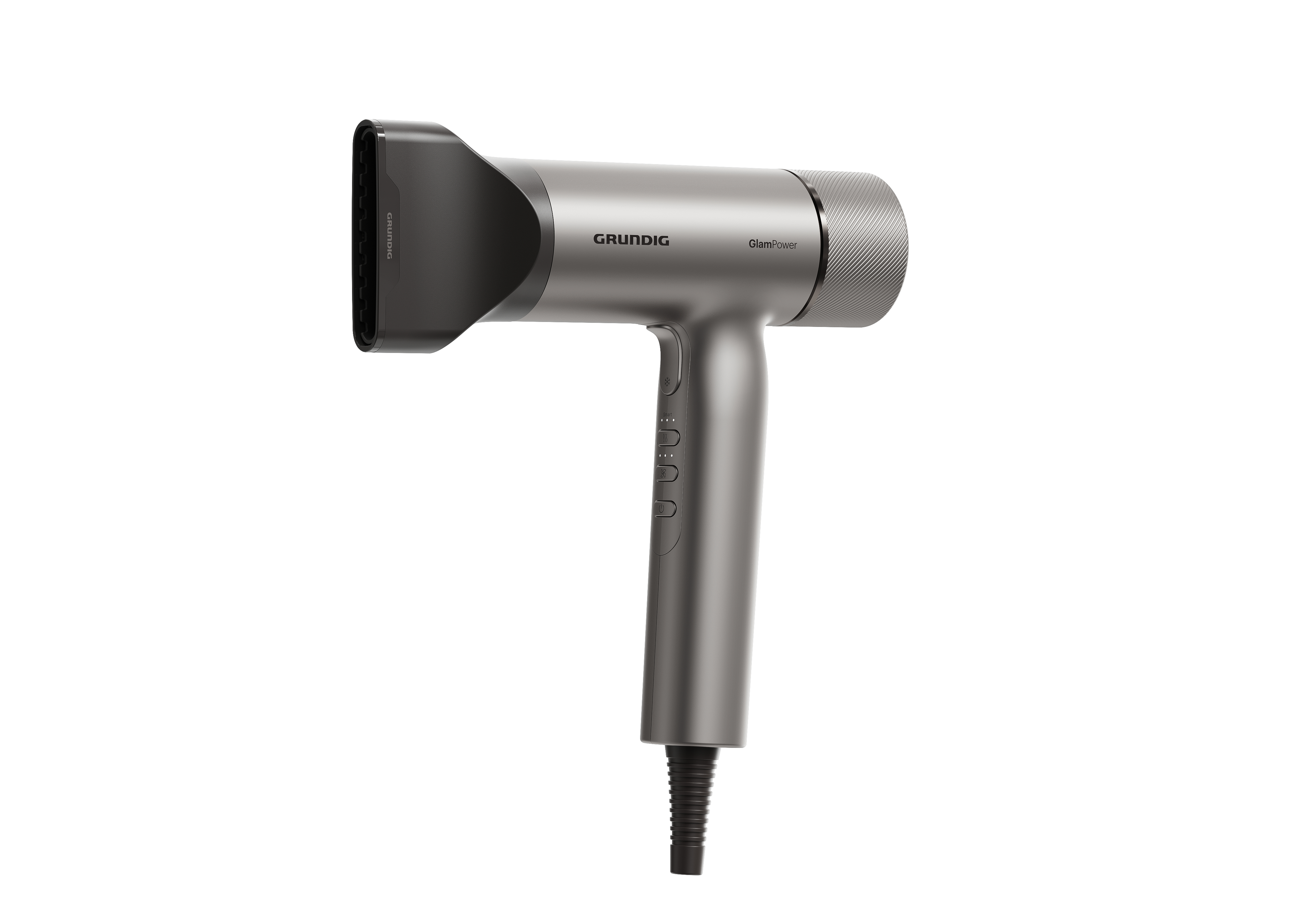 Moderner grauer Grundig GlamPower Haartrockner mit schwarzer Düse und Tasten am Griff auf weißem Grund.