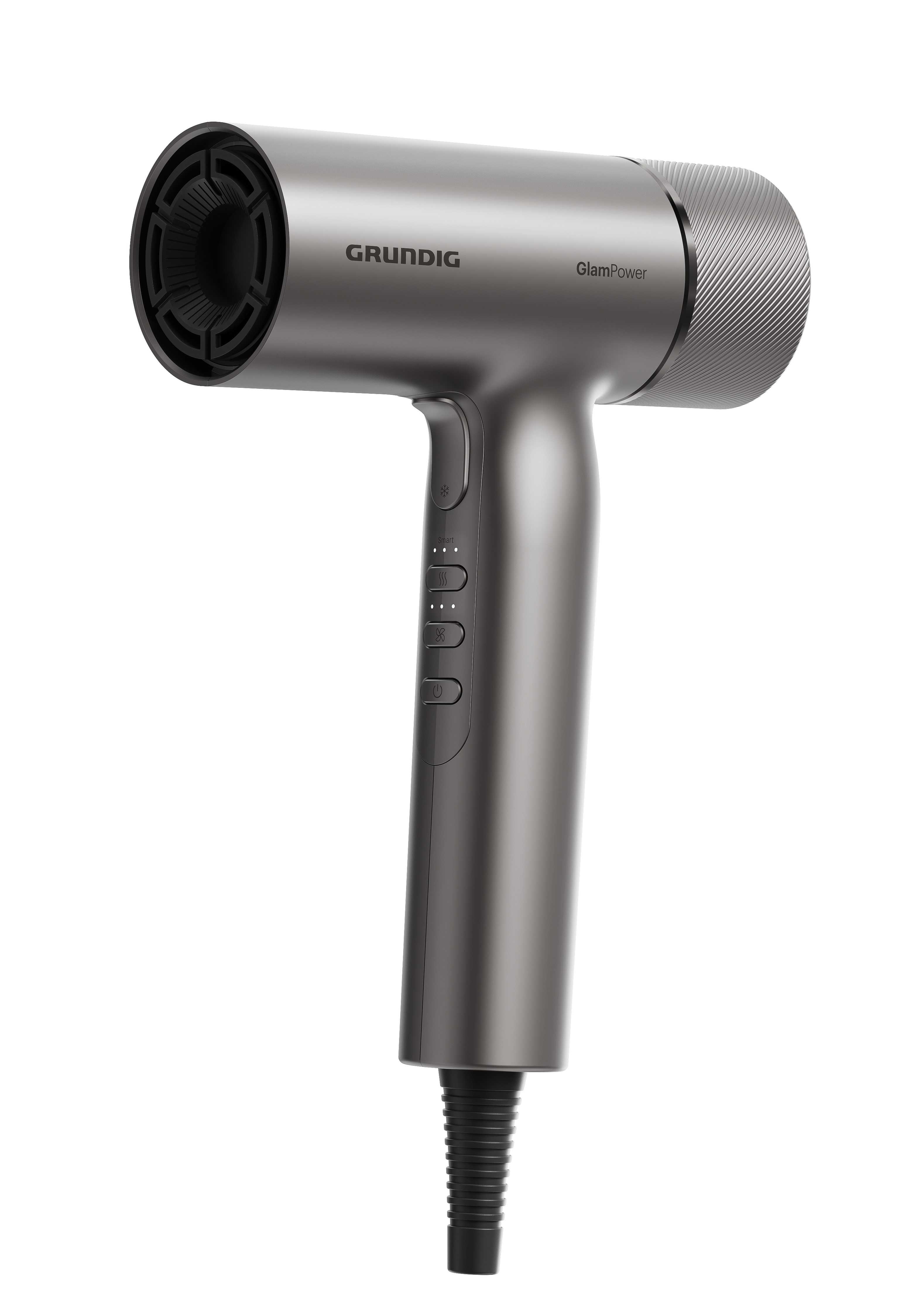Ein moderner grauer Grundig GlamPower Haartrockner mit Bedienknöpfen am Griff vor weißem Hintergrund.