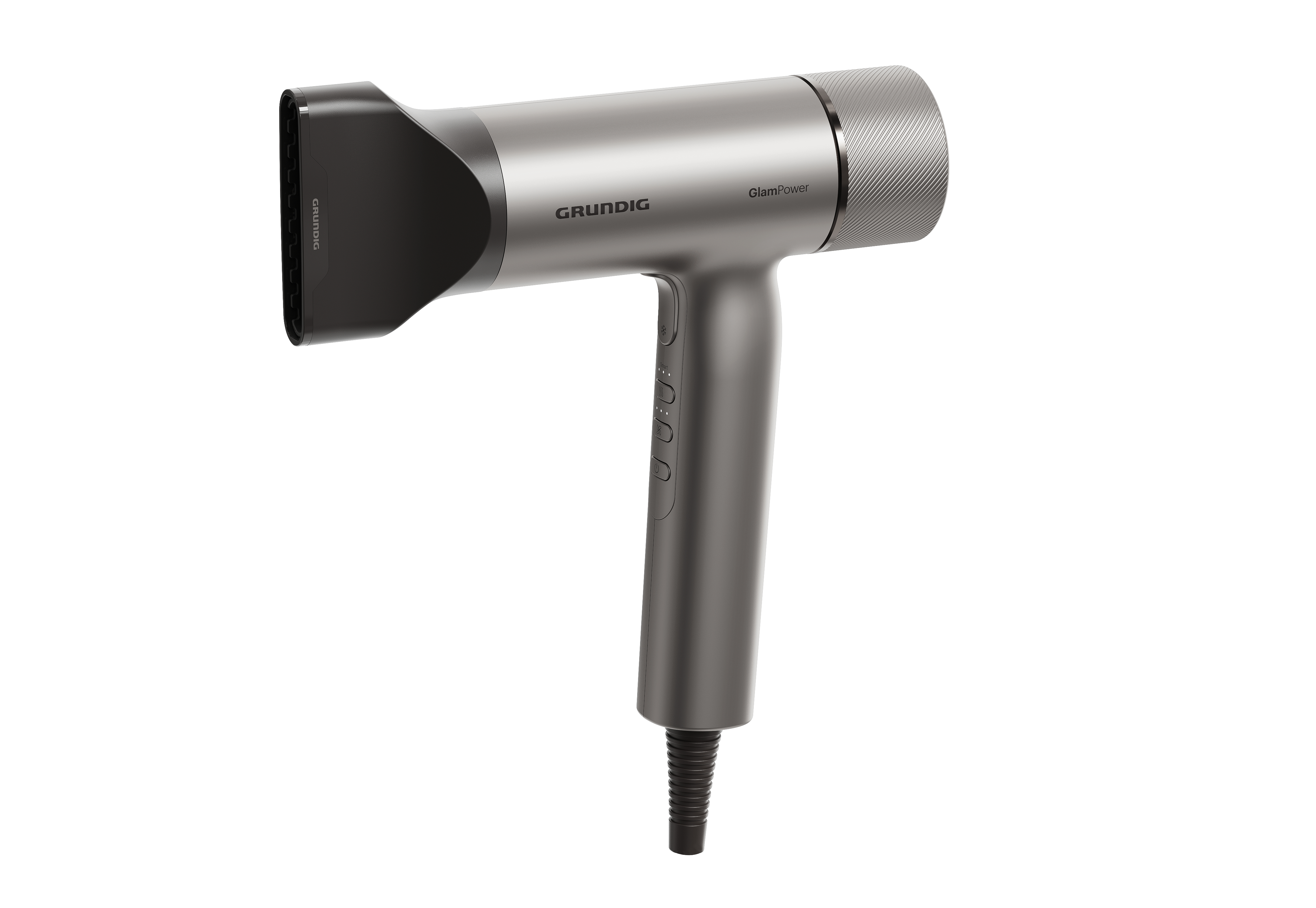 Moderne, graue Grundig GlamPower Haartrockner mit schwarzem Aufsatz.