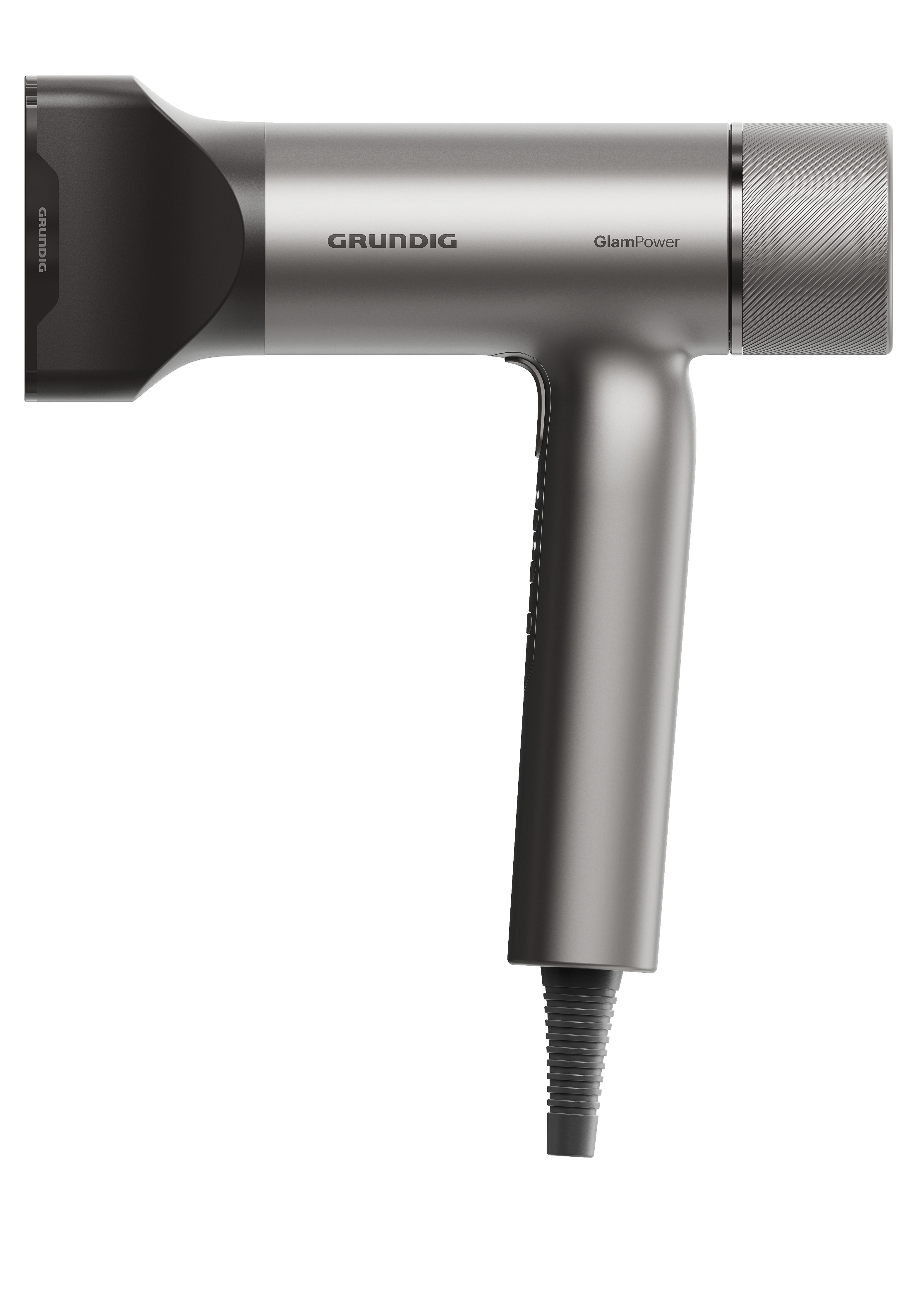 Moderner grauer Grundig GlamPower Haartrockner mit schwarzer Düse auf weißem Hintergrund.