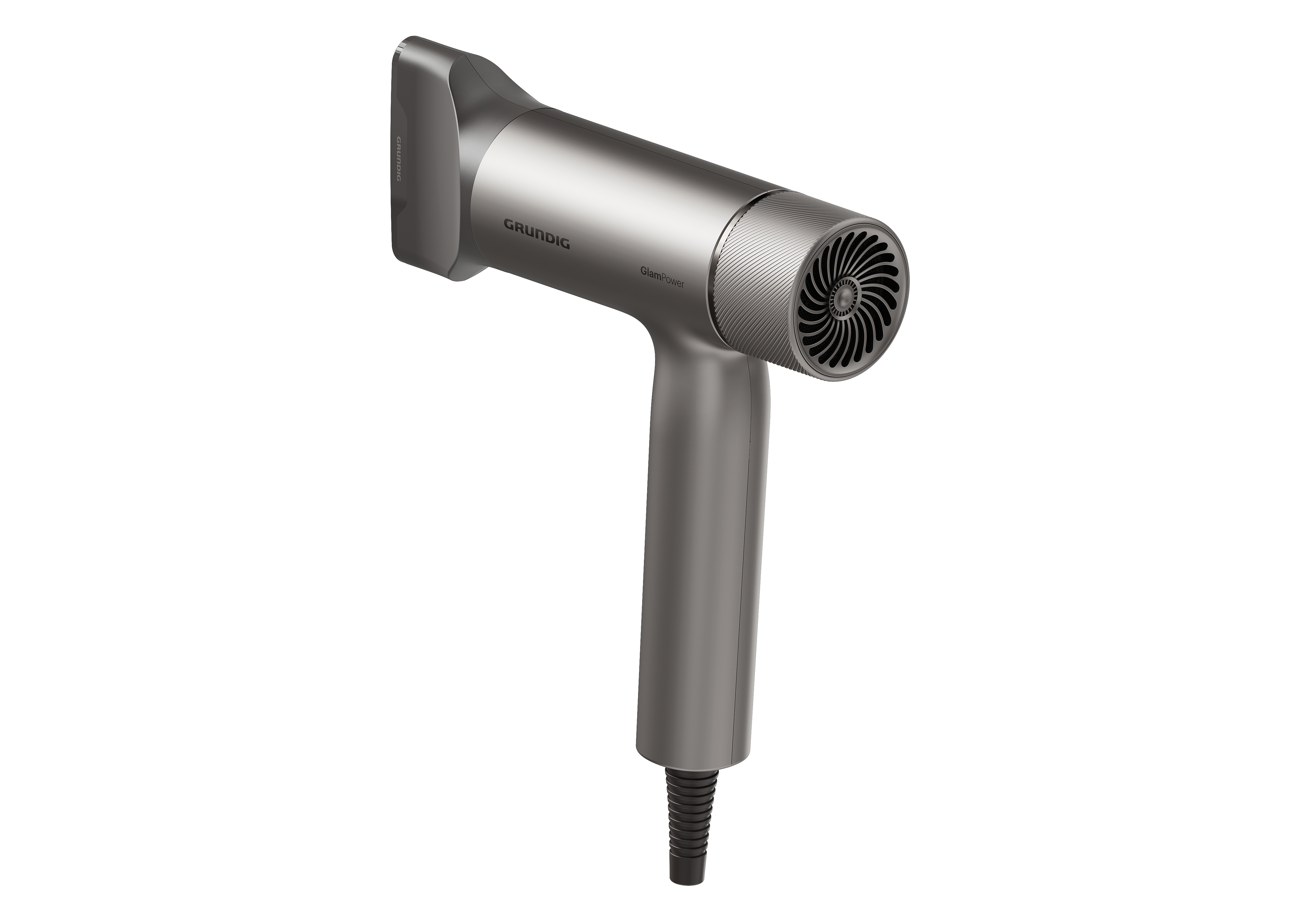 Moderner, grauer Grundig GlamPower Haartrockner mit schickem Design und schwarzem Kabel.